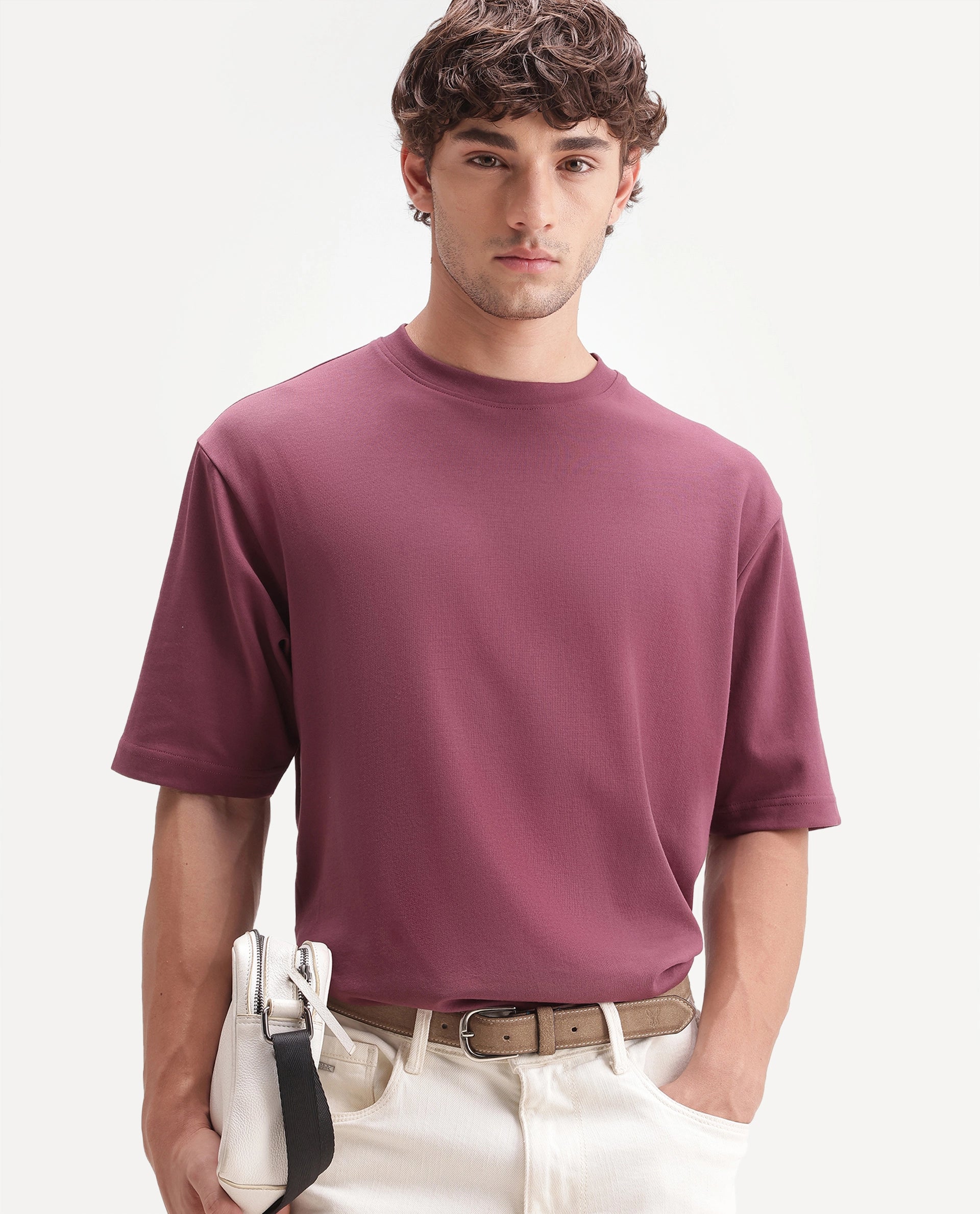 Rare Rabbit Men's Qlo-A26 Dusky Pink Cotton Blend Crew Neck Qlo Plain T-Shirt