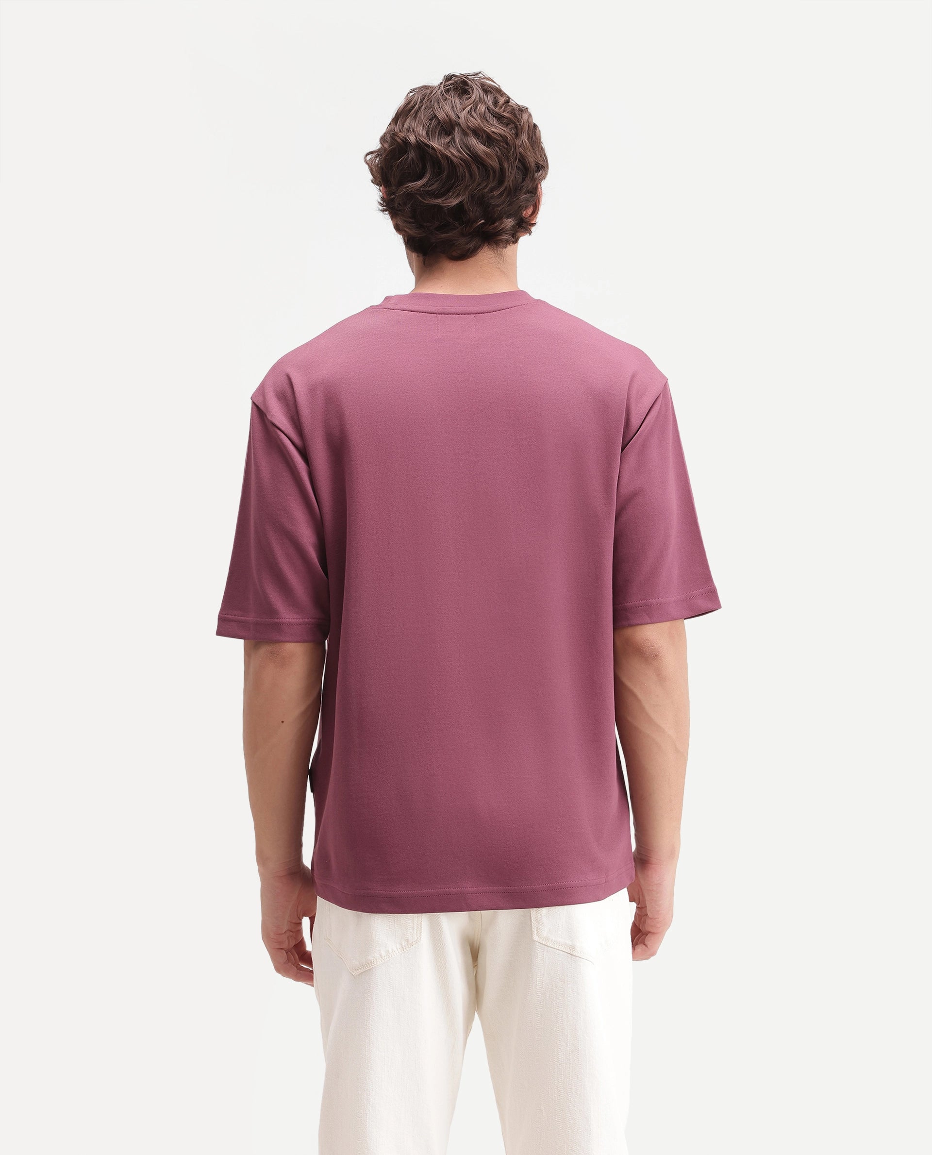 Rare Rabbit Men's Qlo-A26 Dusky Pink Cotton Blend Crew Neck Qlo Plain T-Shirt