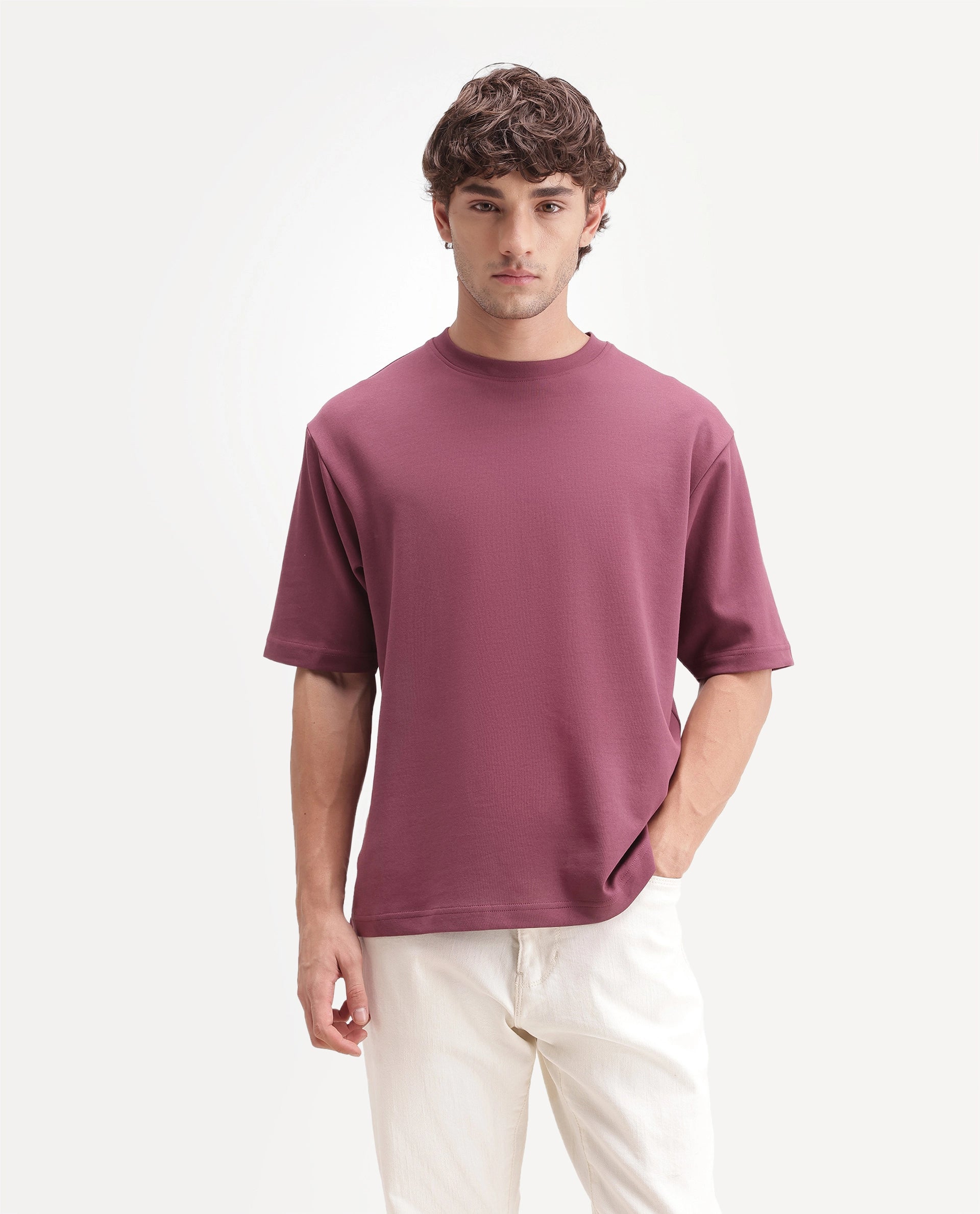 Rare Rabbit Men's Qlo-A26 Dusky Pink Cotton Blend Crew Neck Qlo Plain T-Shirt