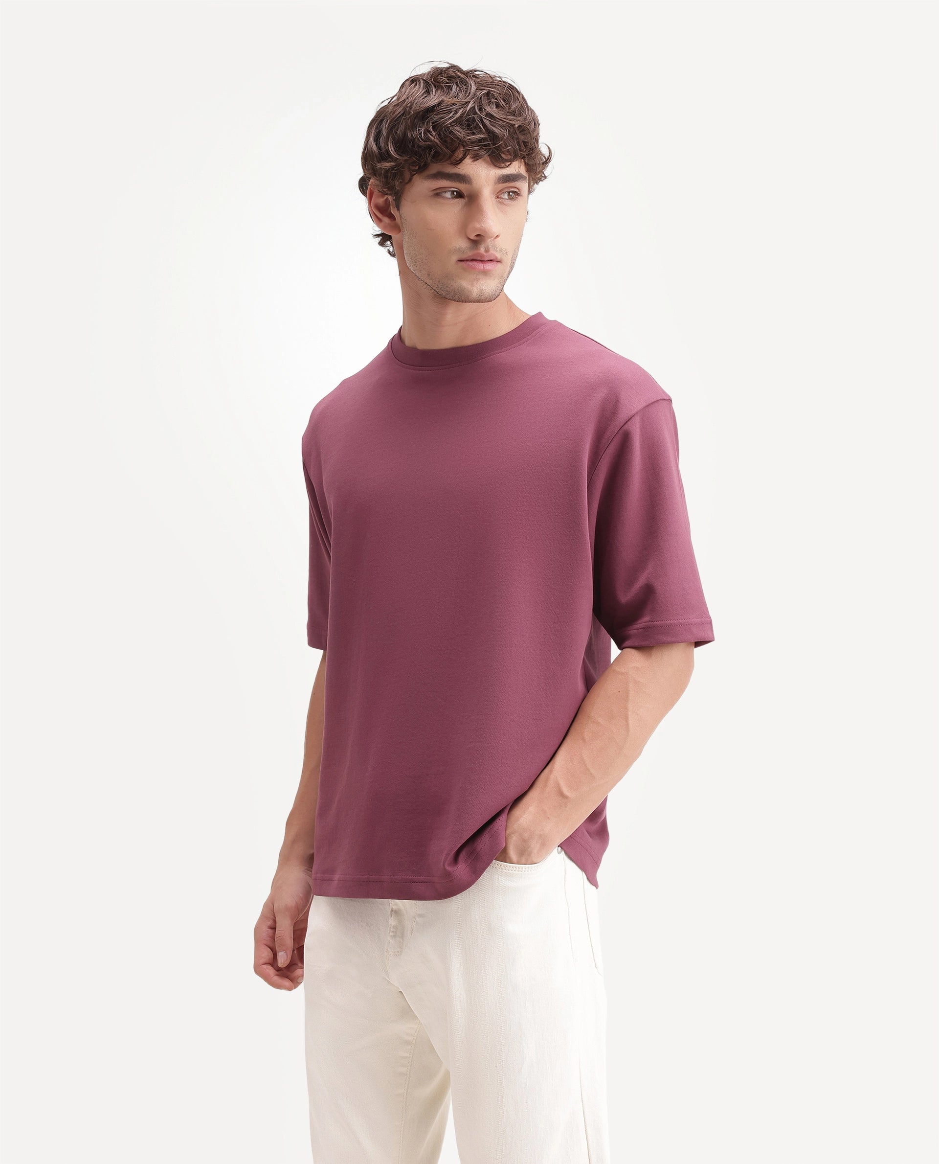 Rare Rabbit Men's Qlo-A26 Dusky Pink Cotton Blend Crew Neck Qlo Plain T-Shirt