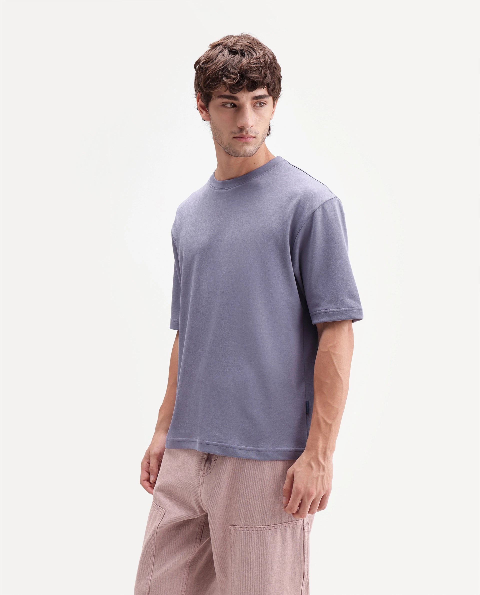 Rare Rabbit Men's Qlo-A26 Dusky Purple Cotton Blend Crew Neck Qlo Plain T-Shirt