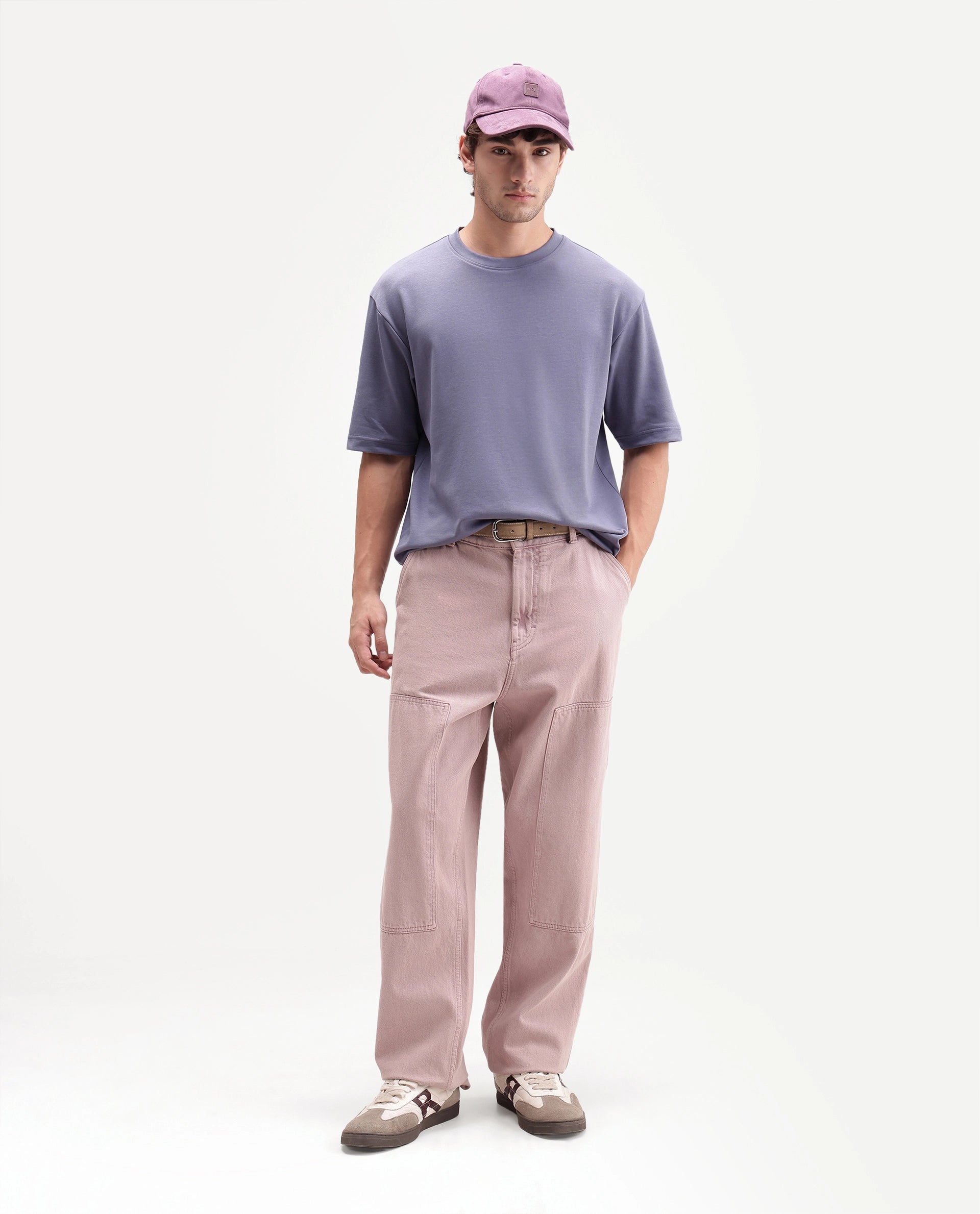 Rare Rabbit Men's Qlo-A26 Dusky Purple Cotton Blend Crew Neck Qlo Plain T-Shirt