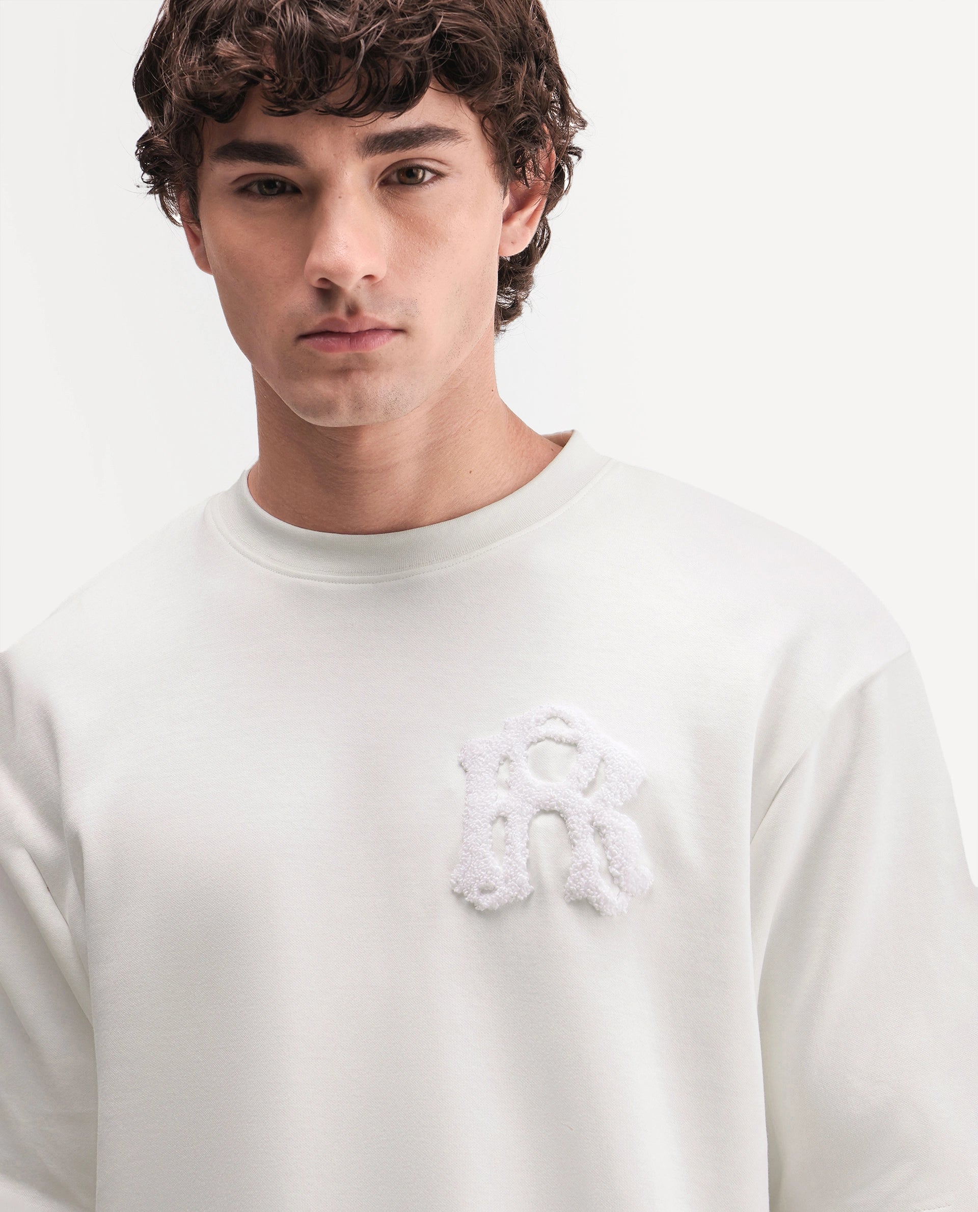 Rare Rabbit Men's Cole Primary Off White Cotton Blend Crew Neck Oversized Embroidered T-Shirt