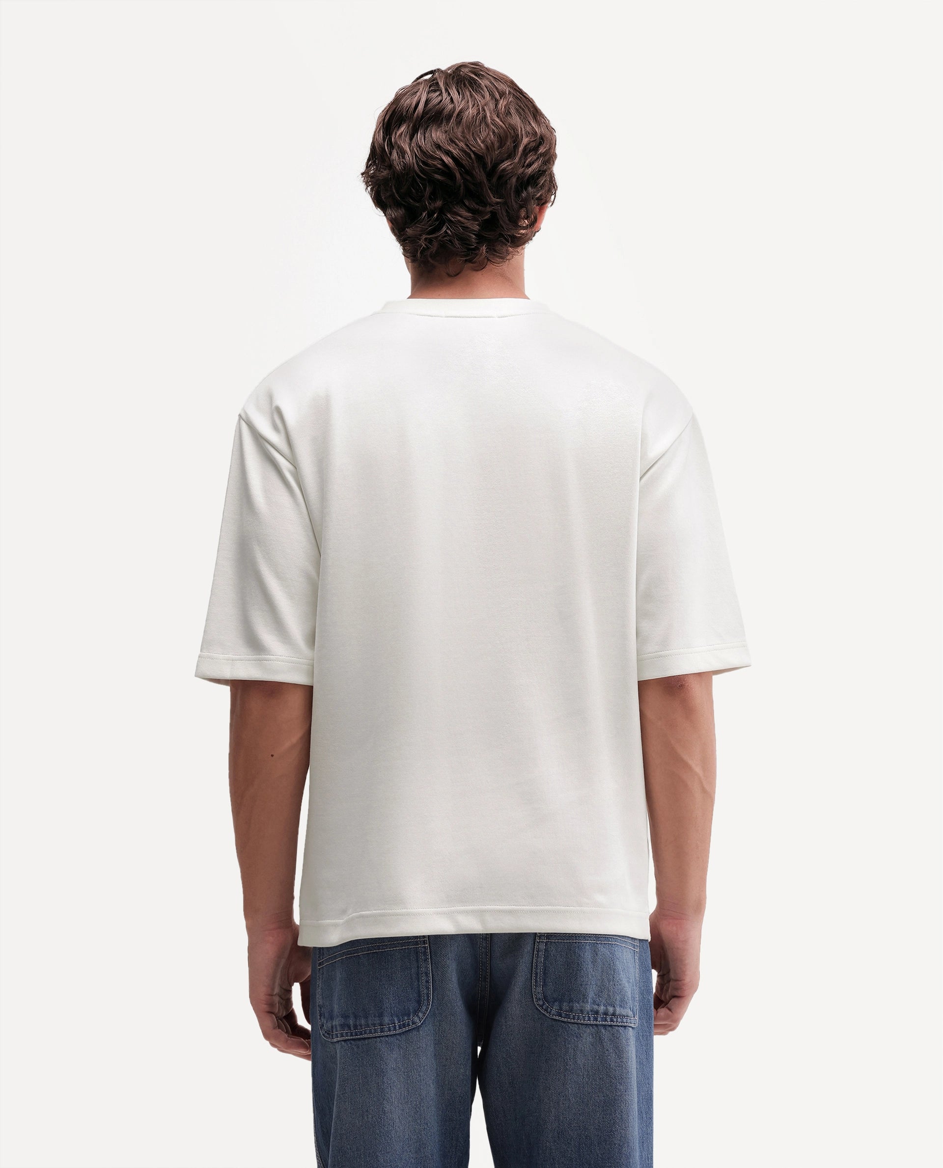 Rare Rabbit Men's Cole Primary Off White Cotton Blend Crew Neck Oversized Embroidered T-Shirt