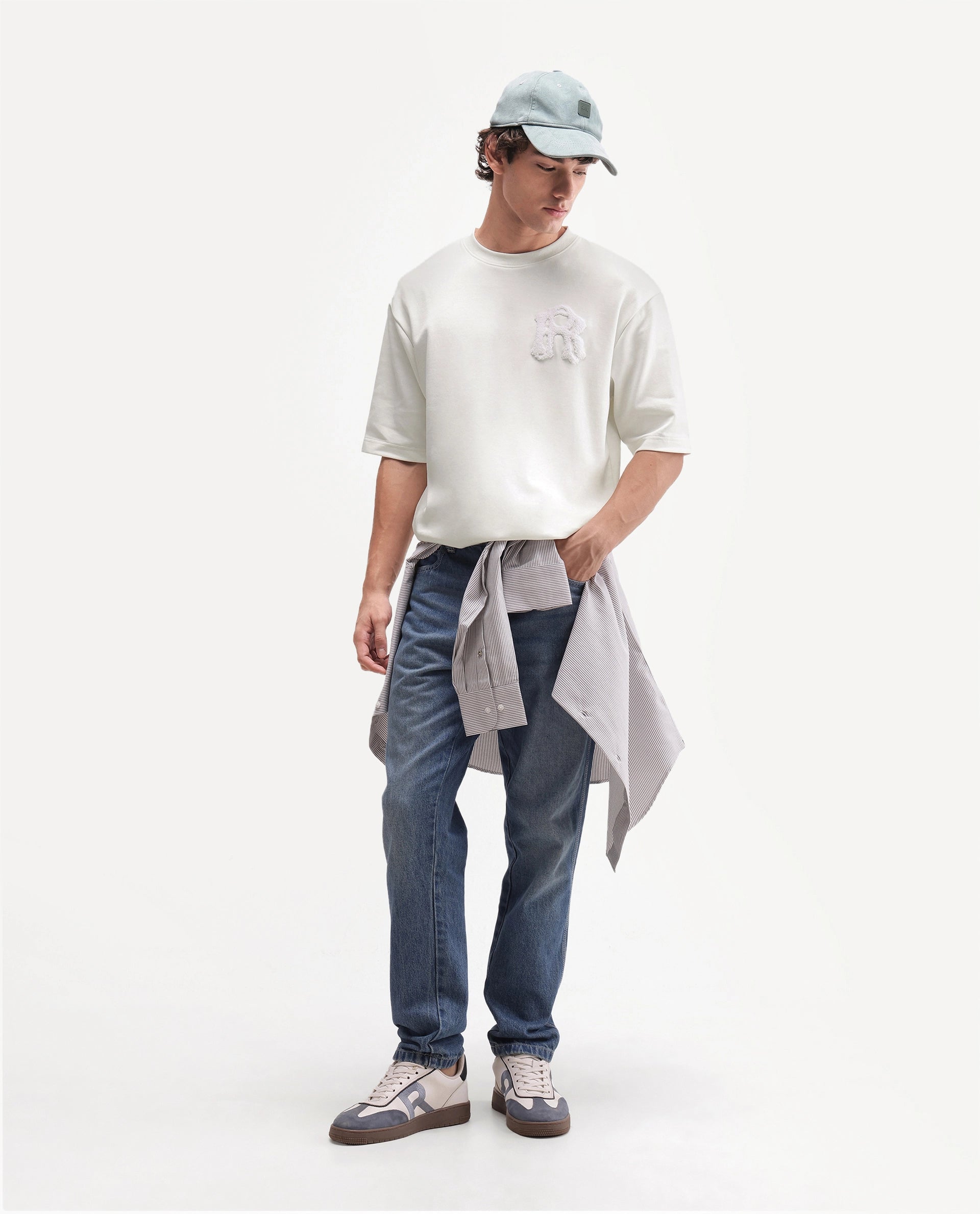 Rare Rabbit Men's Cole Primary Off White Cotton Blend Crew Neck Oversized Embroidered T-Shirt