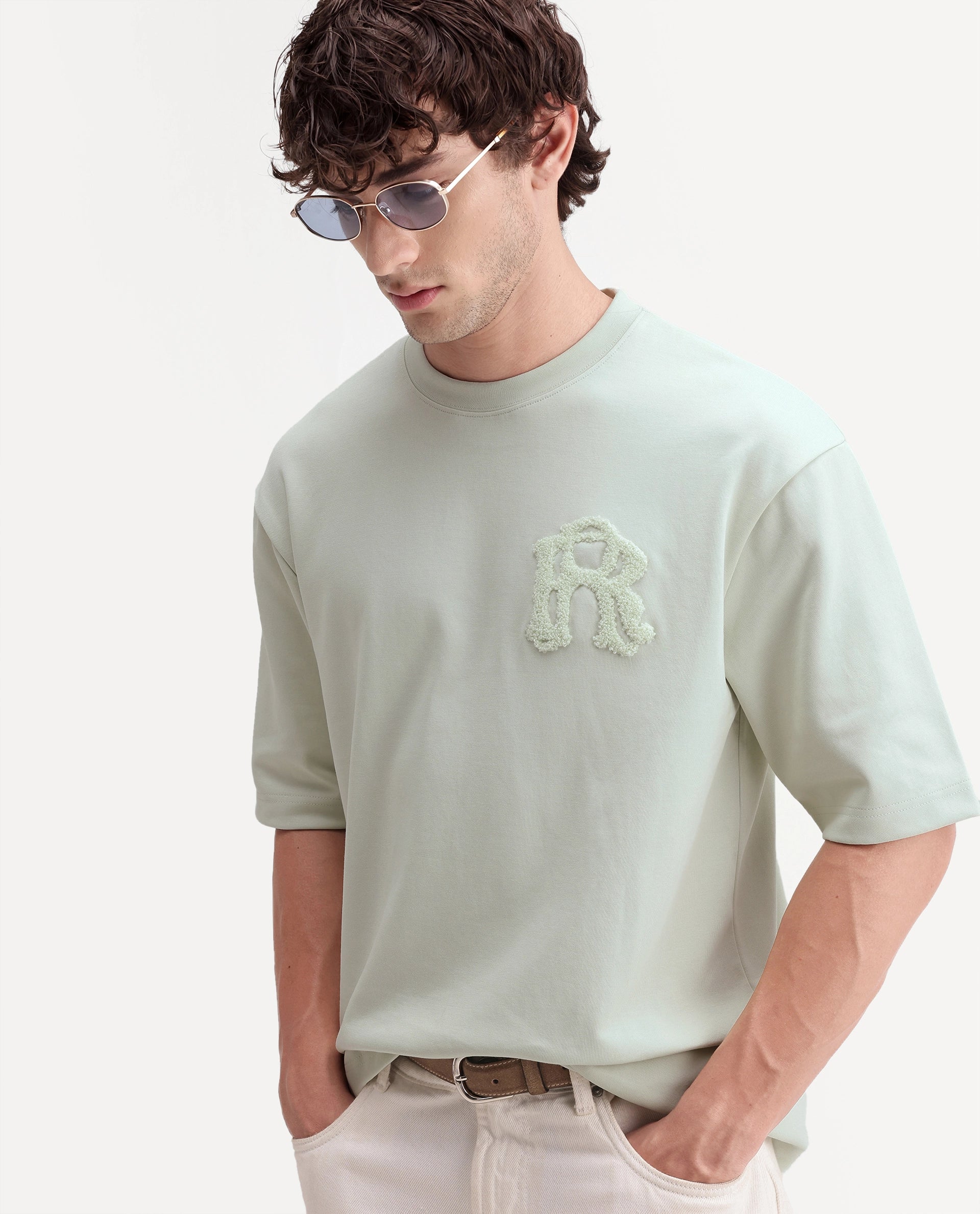 Rare Rabbit Men's Cole Light Green Cotton Blend Crew Neck Oversized Embroidered T-Shirt