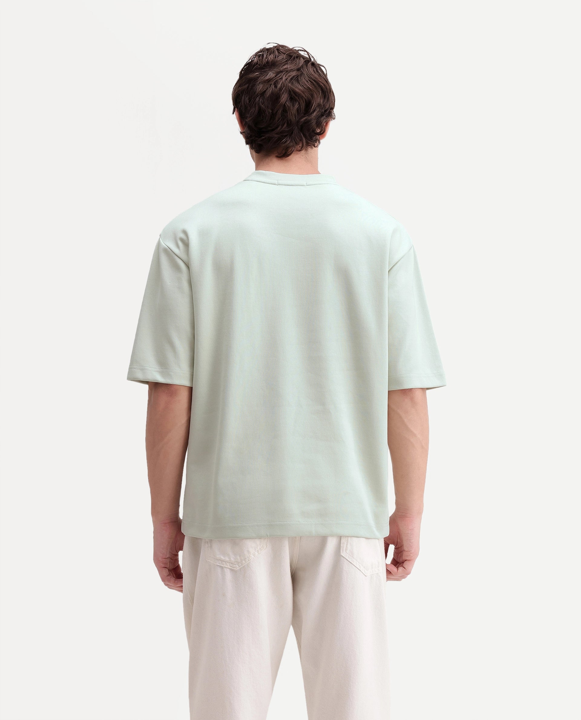 Rare Rabbit Men's Cole Light Green Cotton Blend Crew Neck Oversized Embroidered T-Shirt