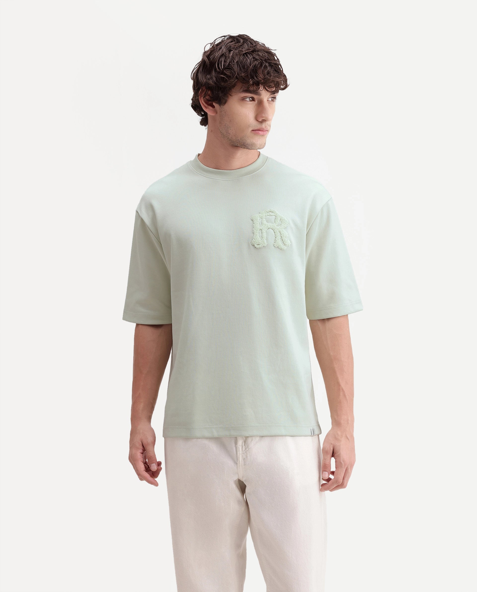 Rare Rabbit Men's Cole Light Green Cotton Blend Crew Neck Oversized Embroidered T-Shirt