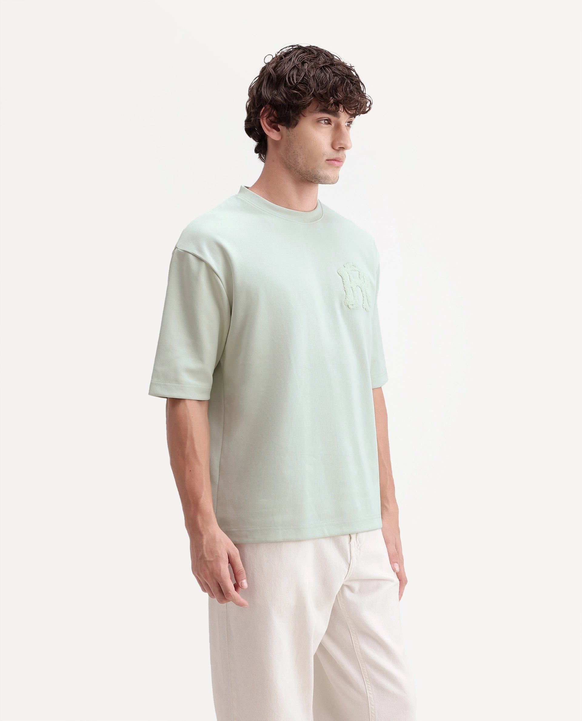 Rare Rabbit Men's Cole Light Green Cotton Blend Crew Neck Oversized Embroidered T-Shirt