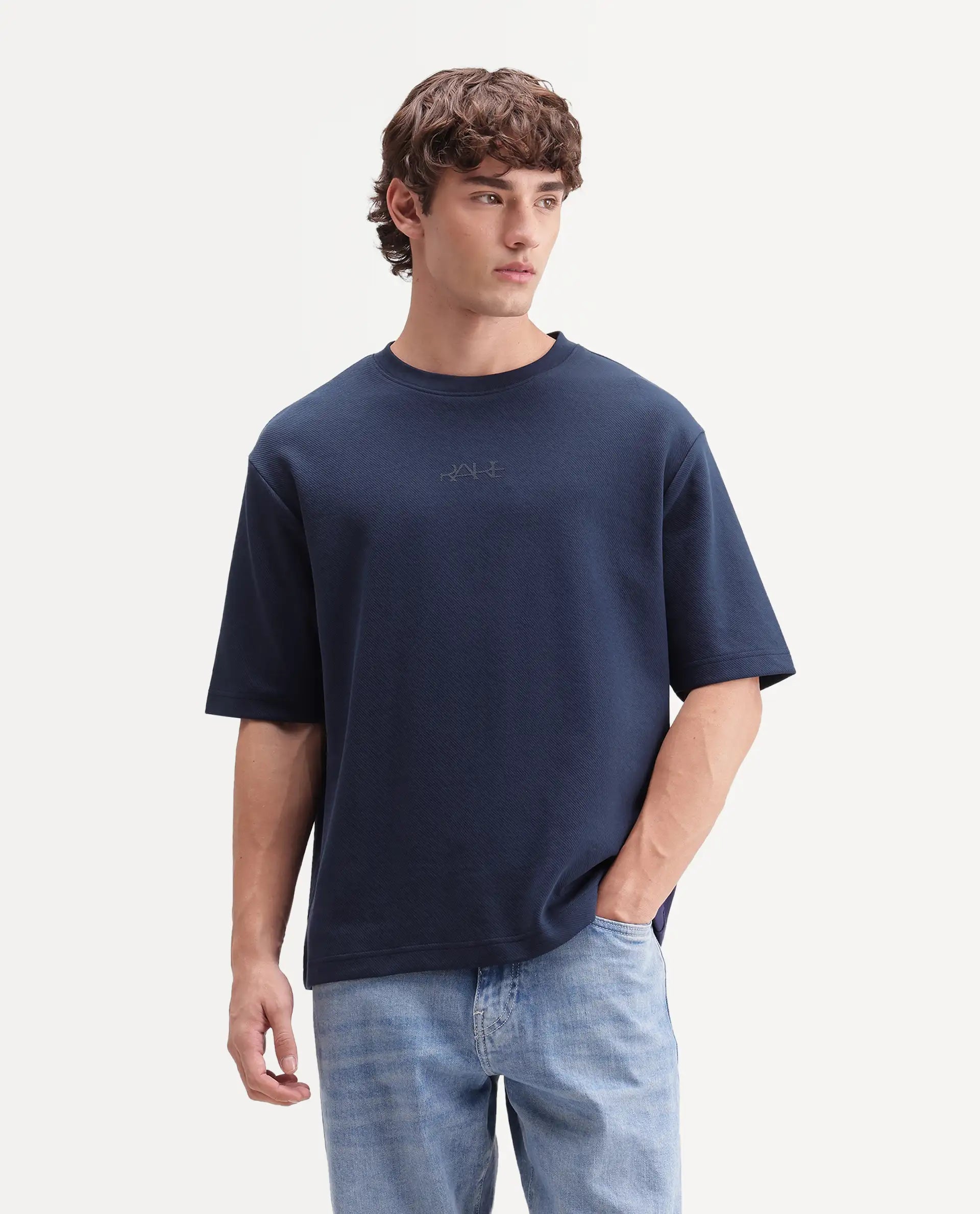 Rare Rabbit Men's Spel Navy Cotton Blend Crew Neck Qlo Fit Plain T-Shirt