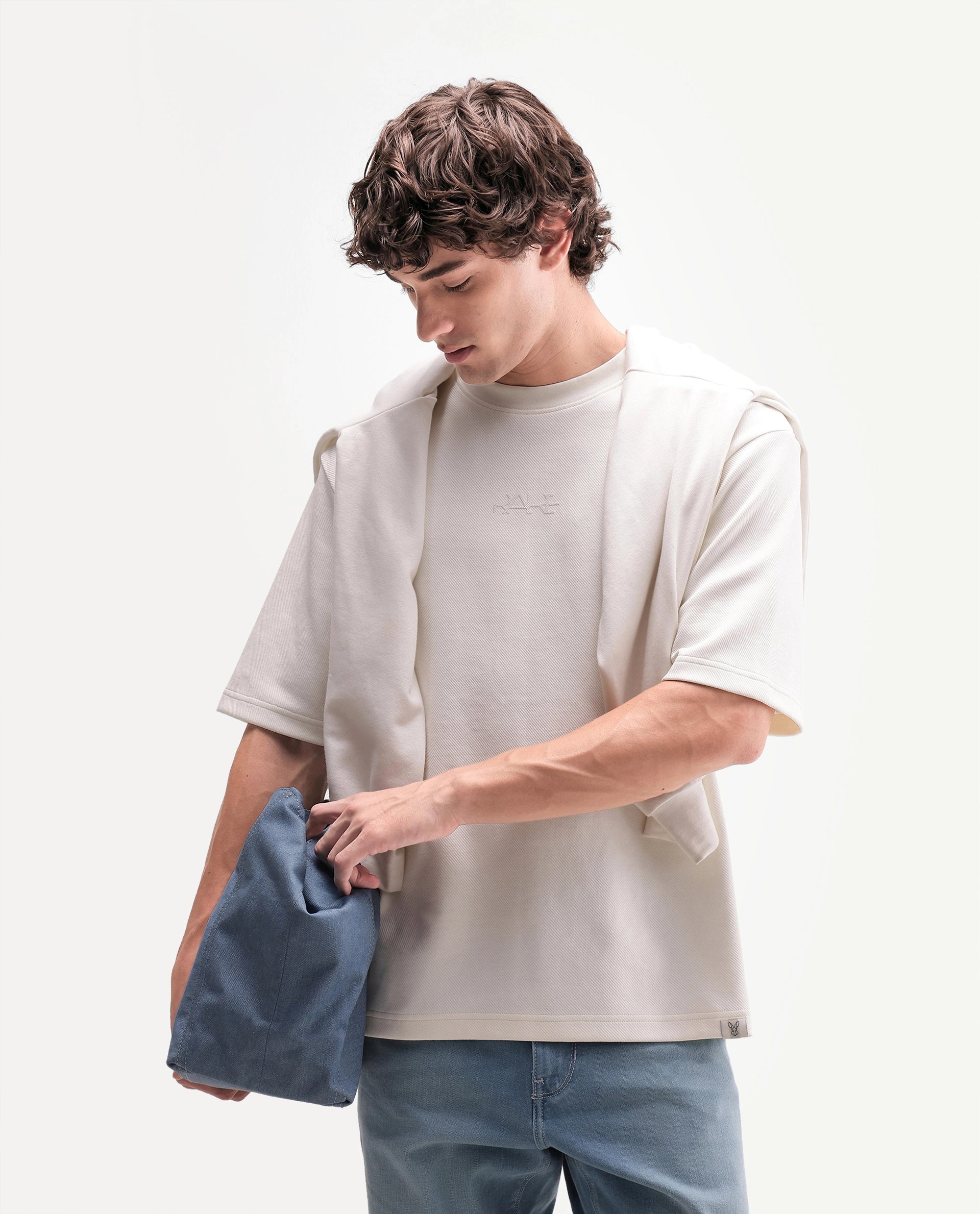 Rare Rabbit Men's Spel Off White Cotton Blend Crew Neck Qlo Fit Plain T-Shirt