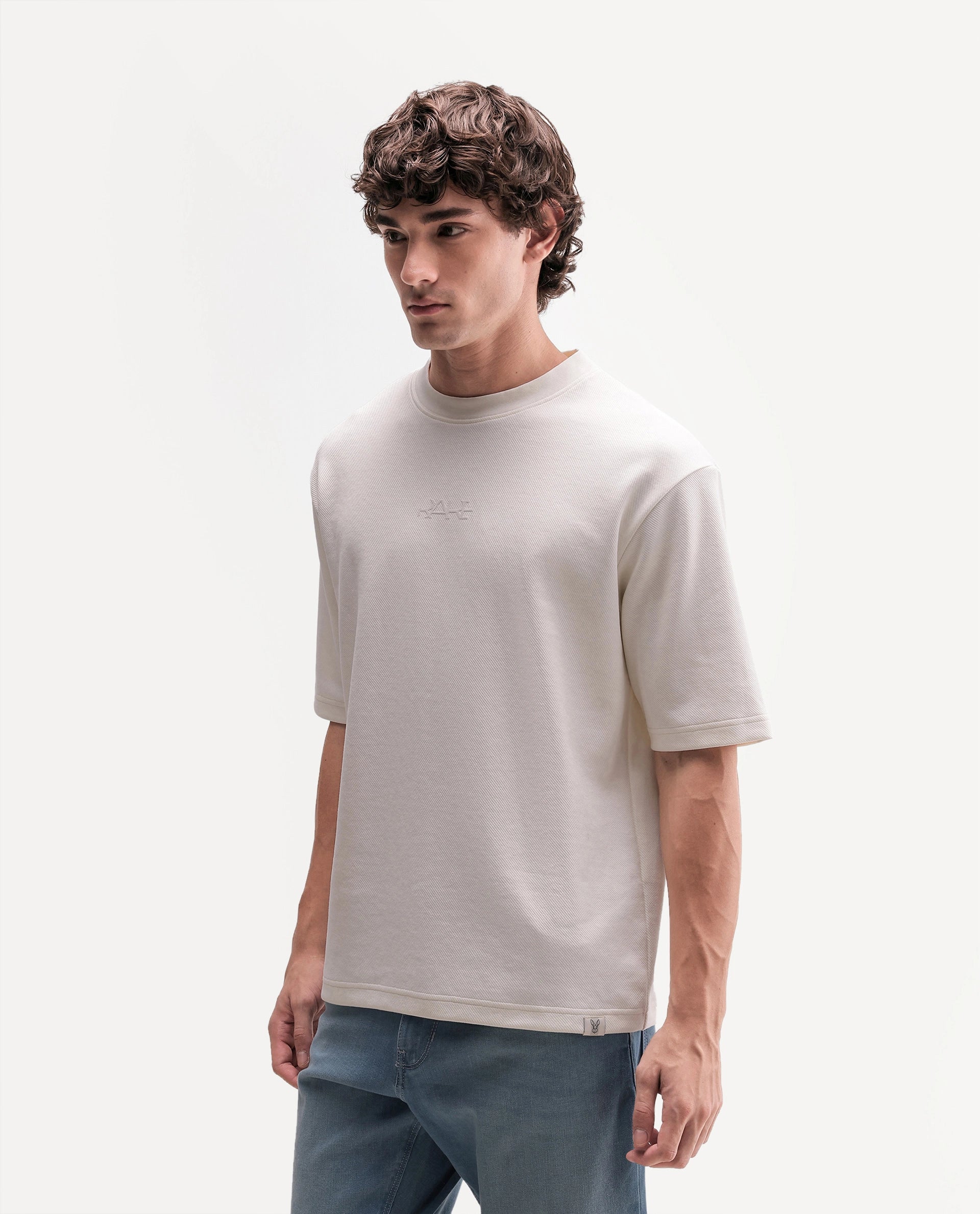 Rare Rabbit Men's Spel Off White Cotton Blend Crew Neck Qlo Fit Plain T-Shirt