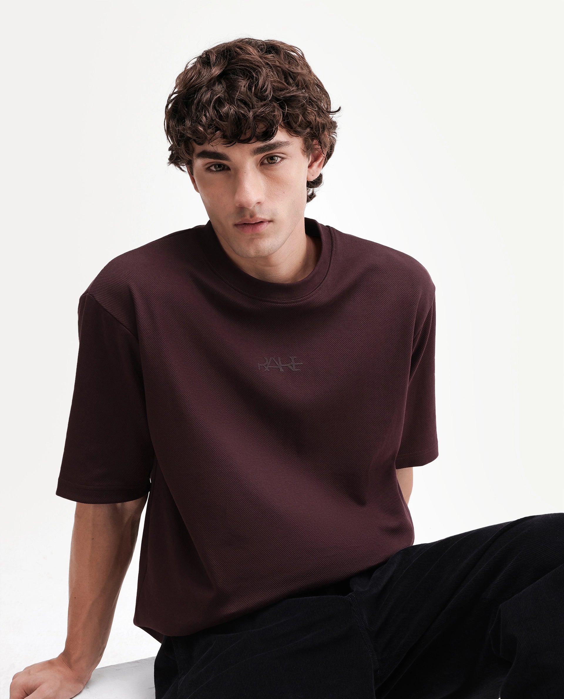 Rare Rabbit Men's Spel Dark Maroon Cotton Blend Crew Neck Qlo Fit Plain T-Shirt