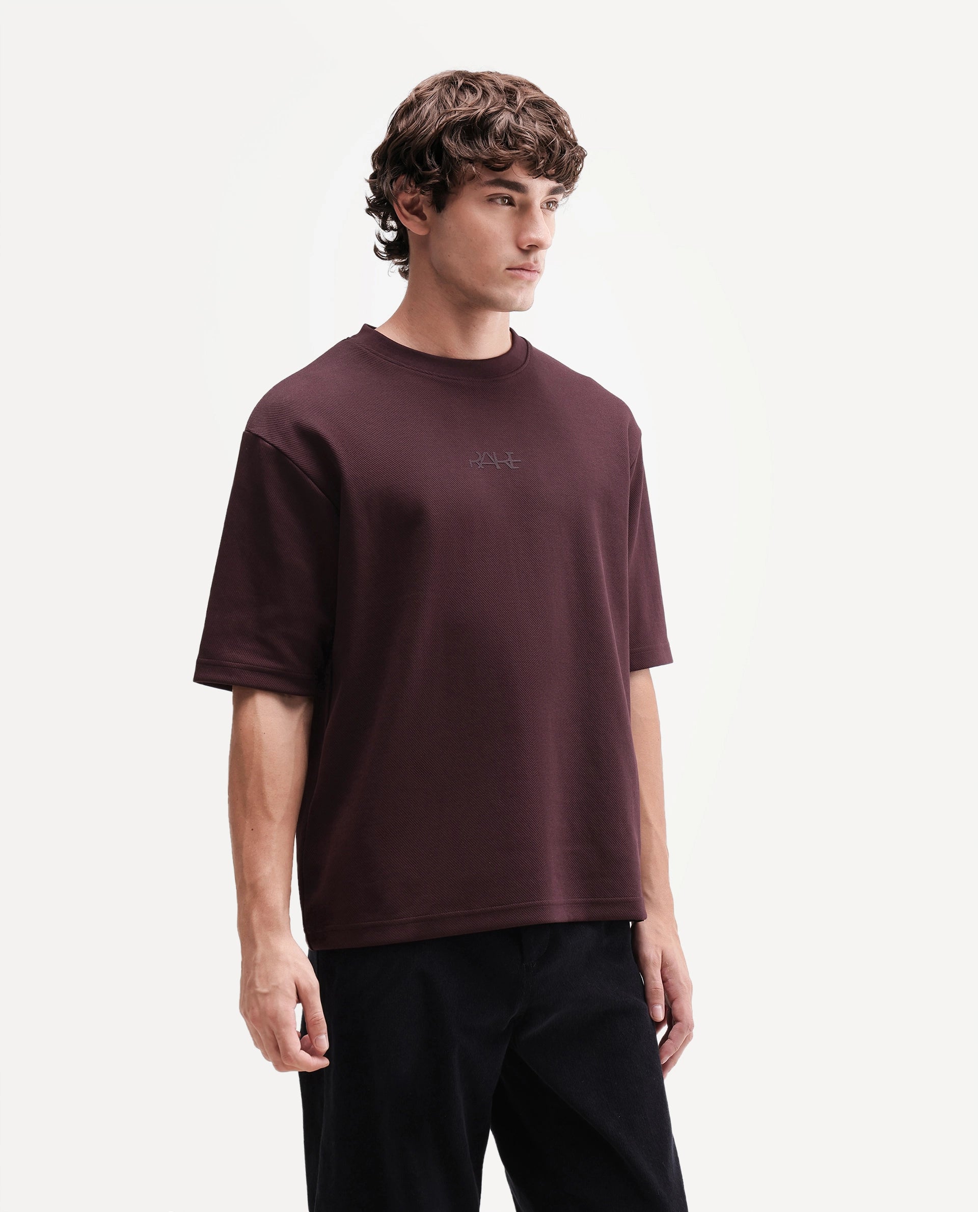 Rare Rabbit Men's Spel Dark Maroon Cotton Blend Crew Neck Qlo Fit Plain T-Shirt
