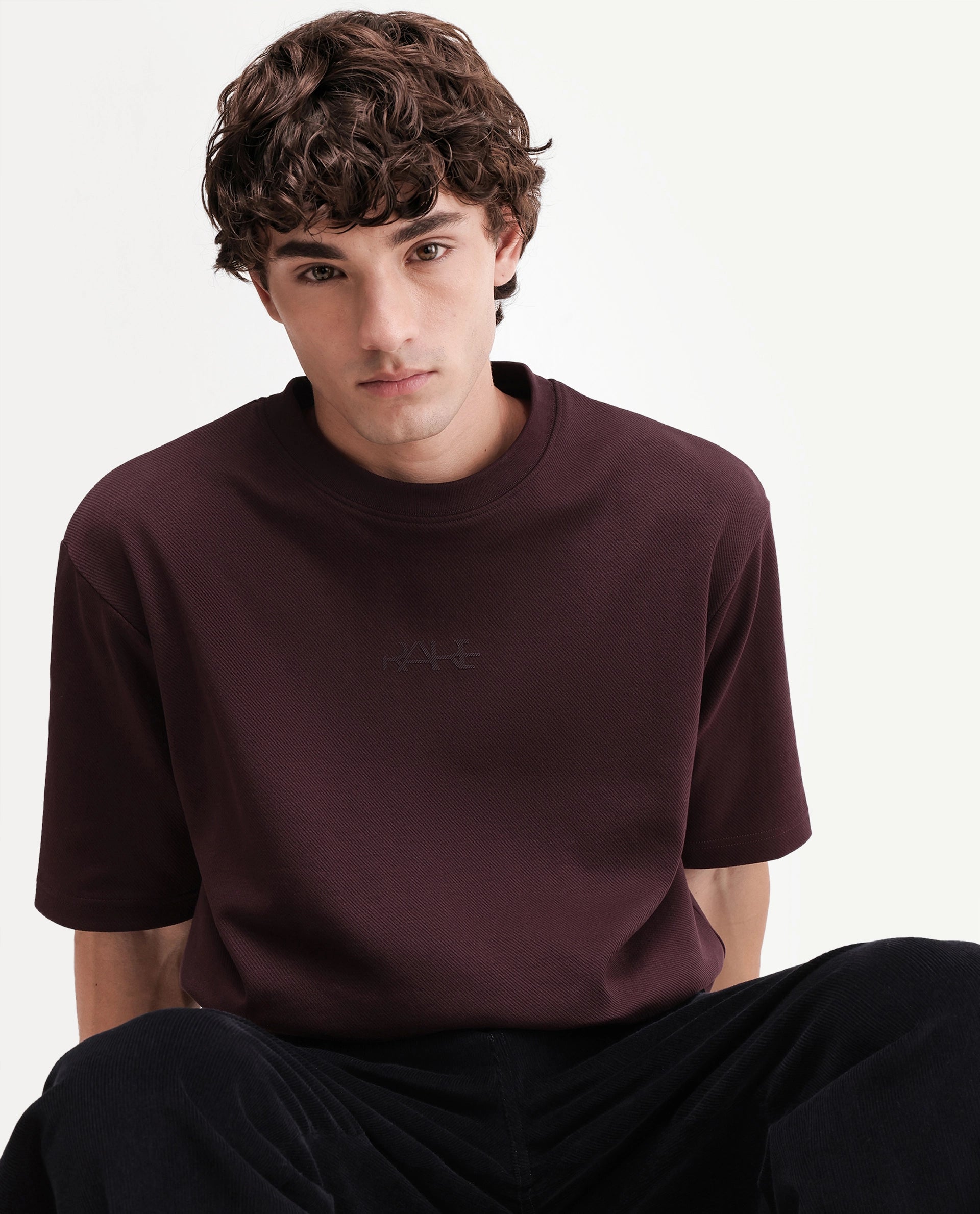 Rare Rabbit Men's Spel Dark Maroon Cotton Blend Crew Neck Qlo Fit Plain T-Shirt