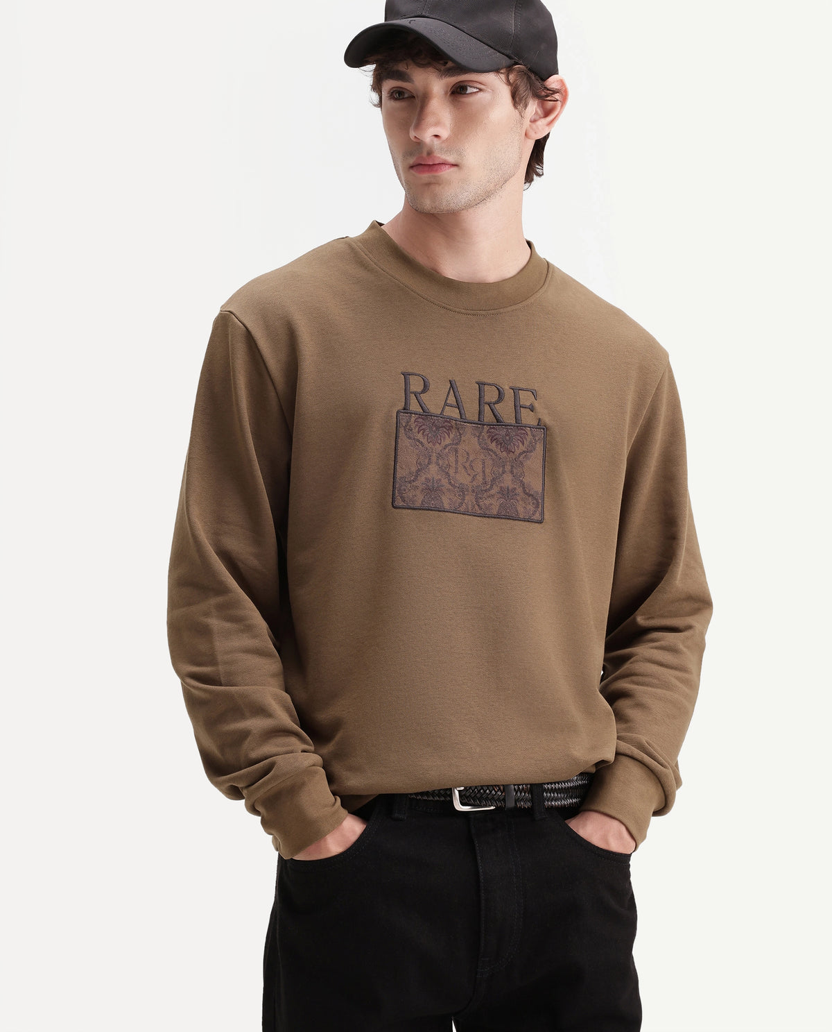 Rare Rabbit Men's Debz Dark Brown Cotton Blend Crew Neck Regular Embroidered Sweatshirt