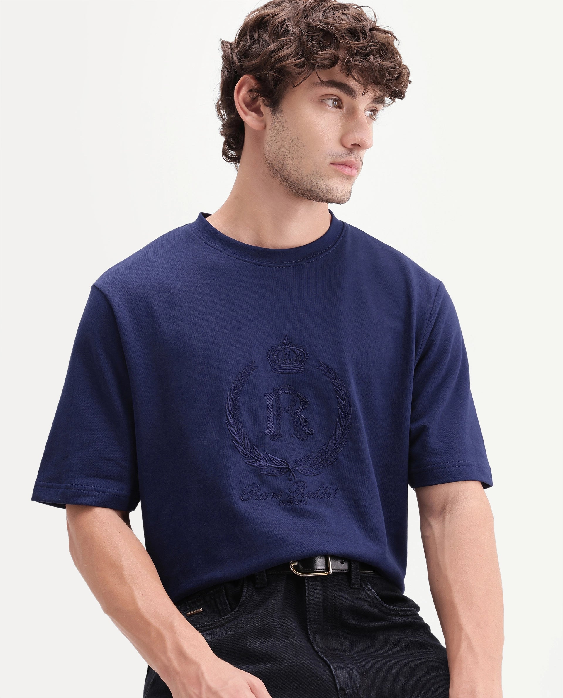 Rare Rabbit Men's Breako Dark Navy Cotton Crew Neck Barcelon Hd Print T-Shirt