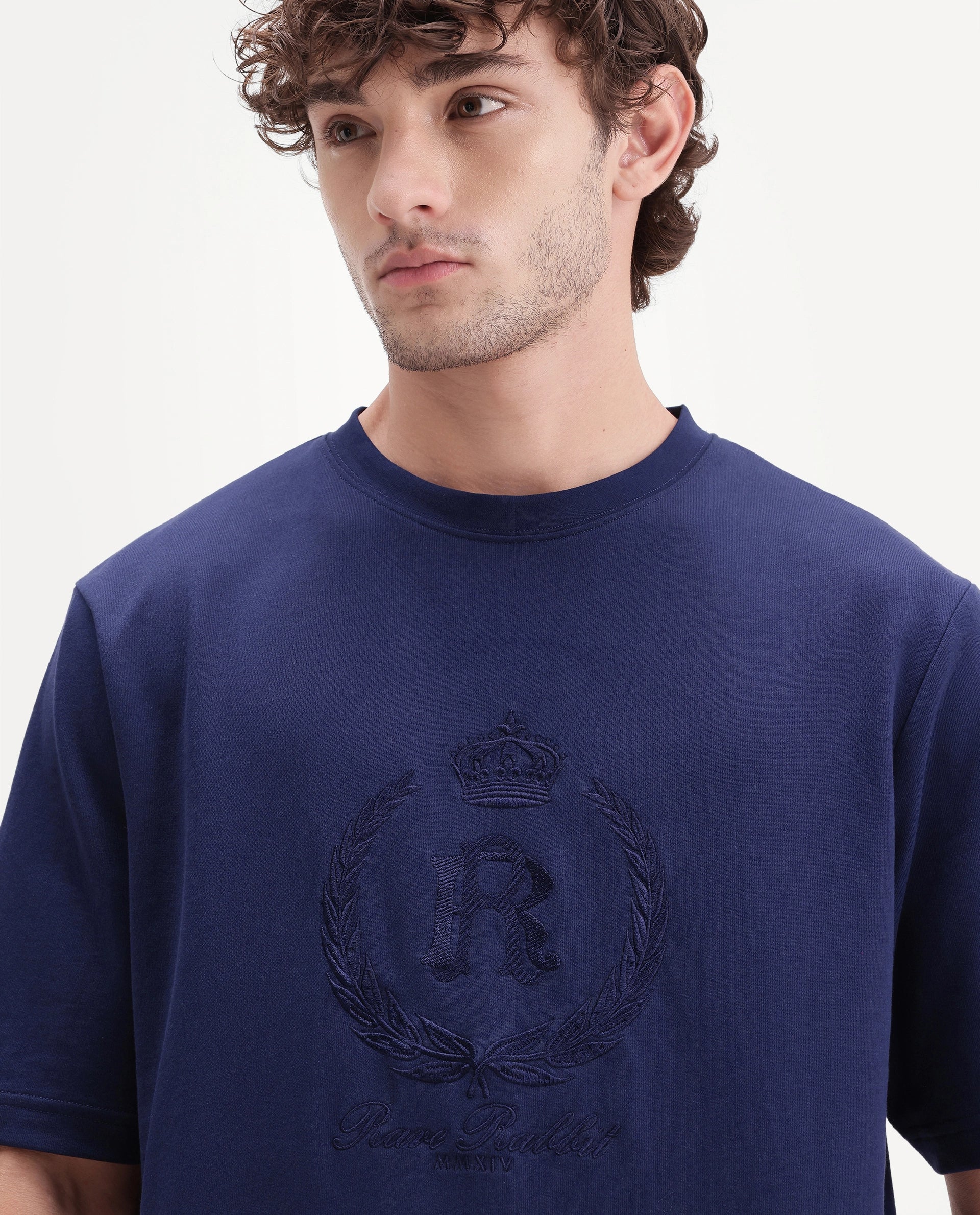 Rare Rabbit Men's Breako Dark Navy Cotton Crew Neck Barcelon Hd Print T-Shirt
