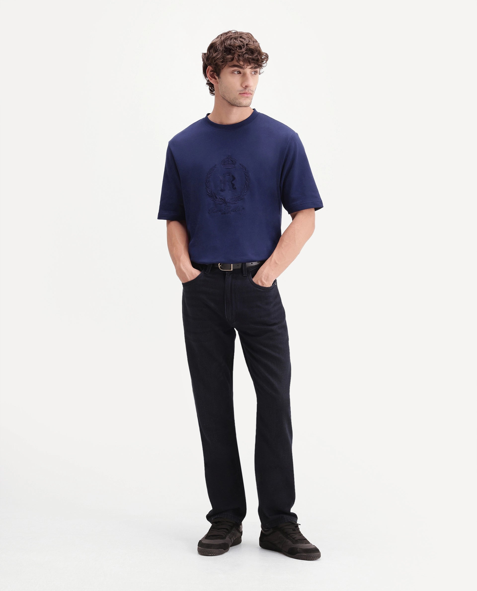 Rare Rabbit Men's Breako Dark Navy Cotton Crew Neck Barcelon Hd Print T-Shirt