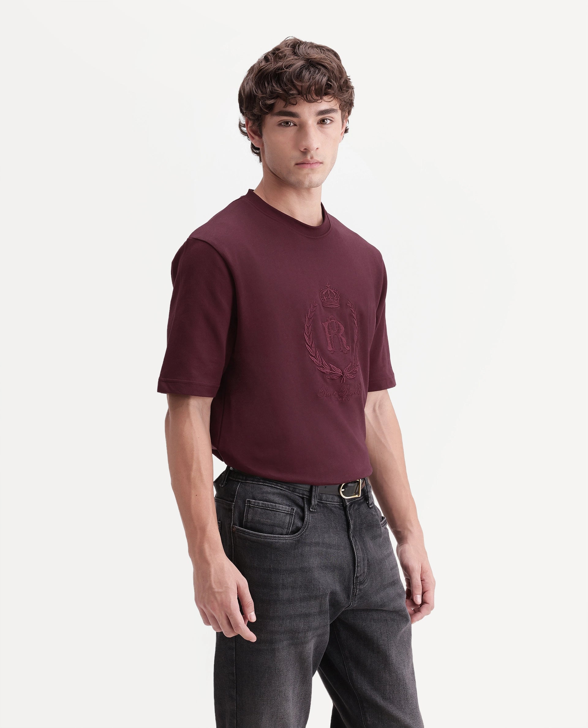 Rare Rabbit Men's Breako Dark Maroon Cotton Crew Neck Barcelon Hd Print T-Shirt