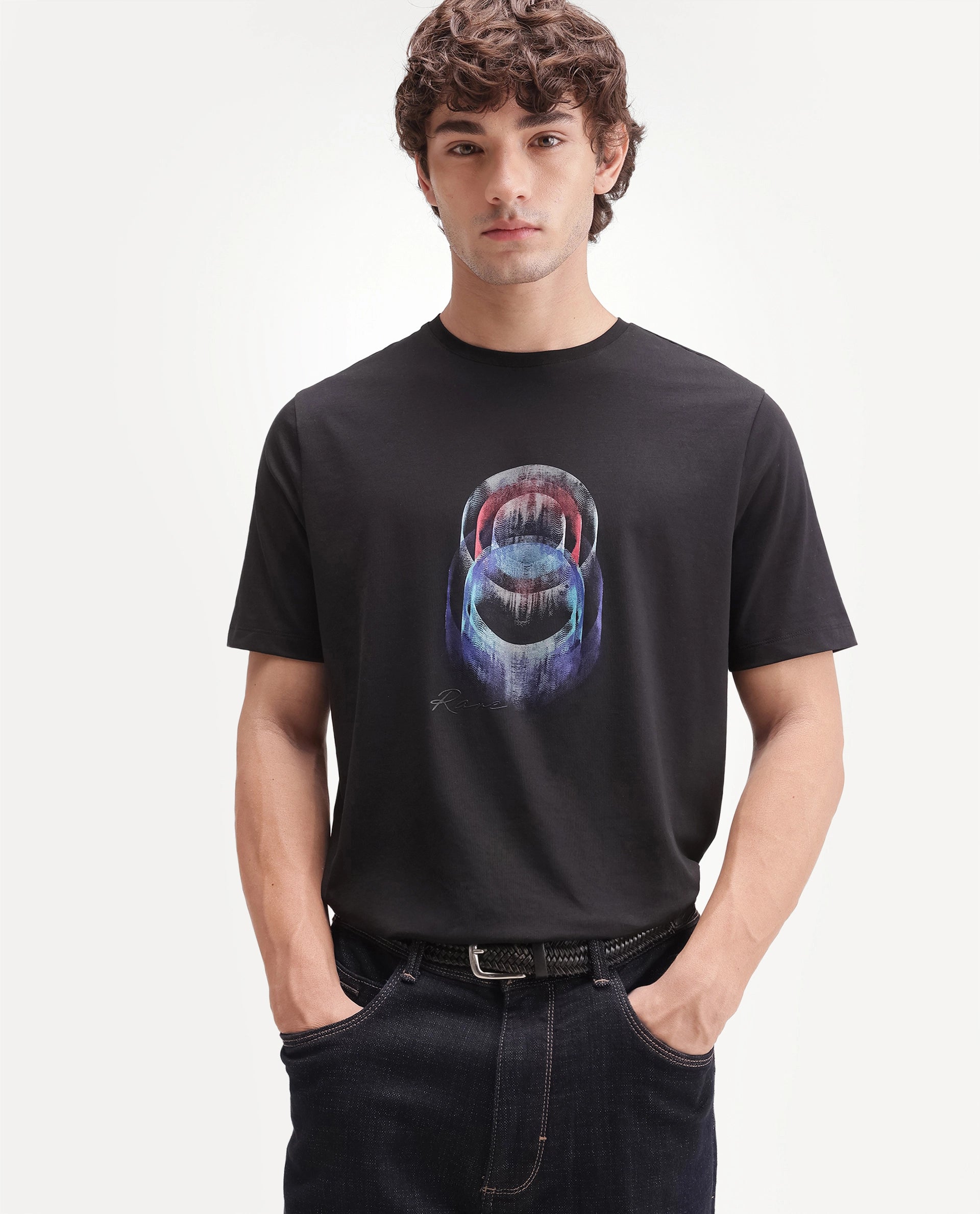 Rare Rabbit Men's Troy Black Cotton Blend Crew Neck Regular Abstract Print T-Shirt