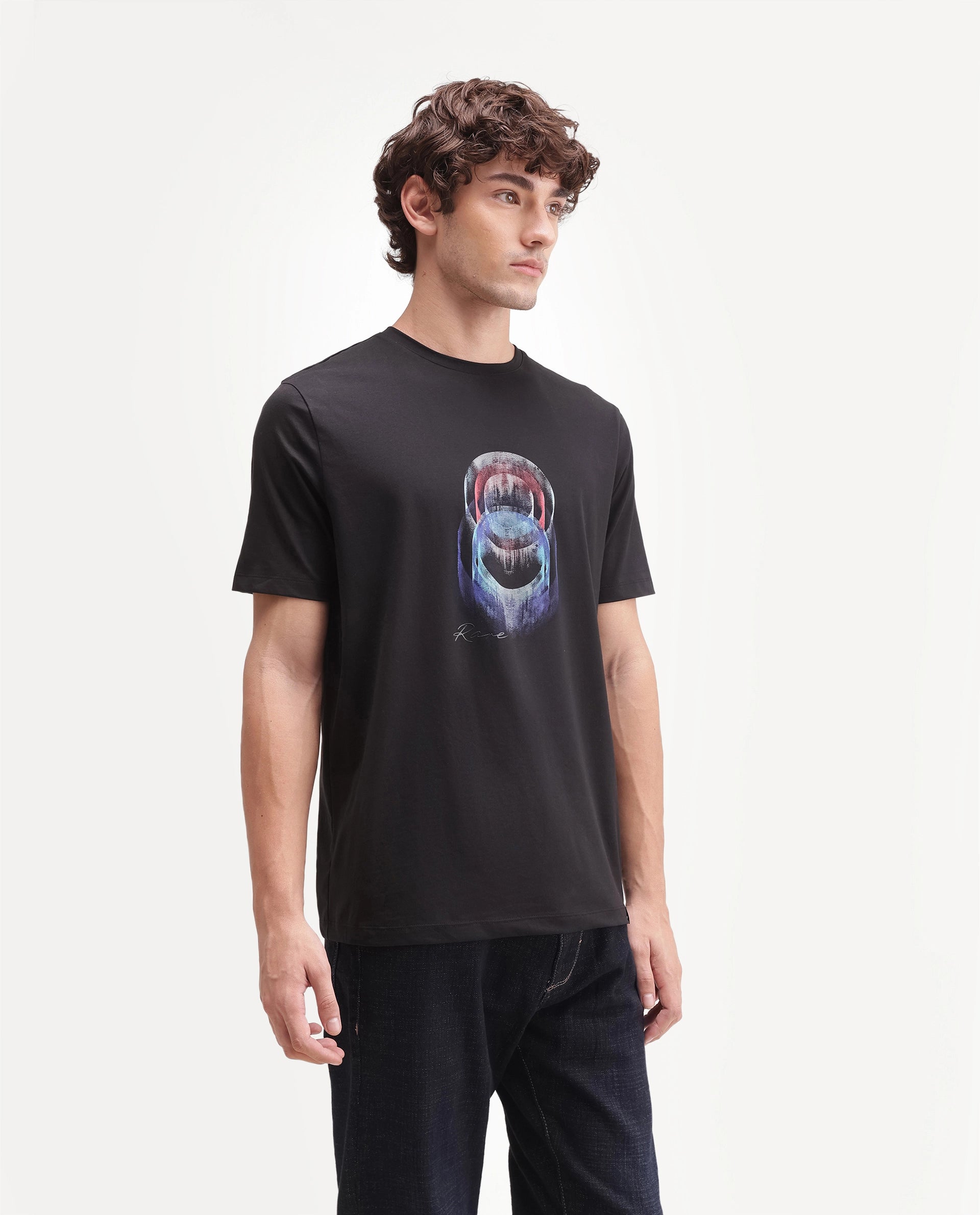 Rare Rabbit Men's Troy Black Cotton Blend Crew Neck Regular Abstract Print T-Shirt