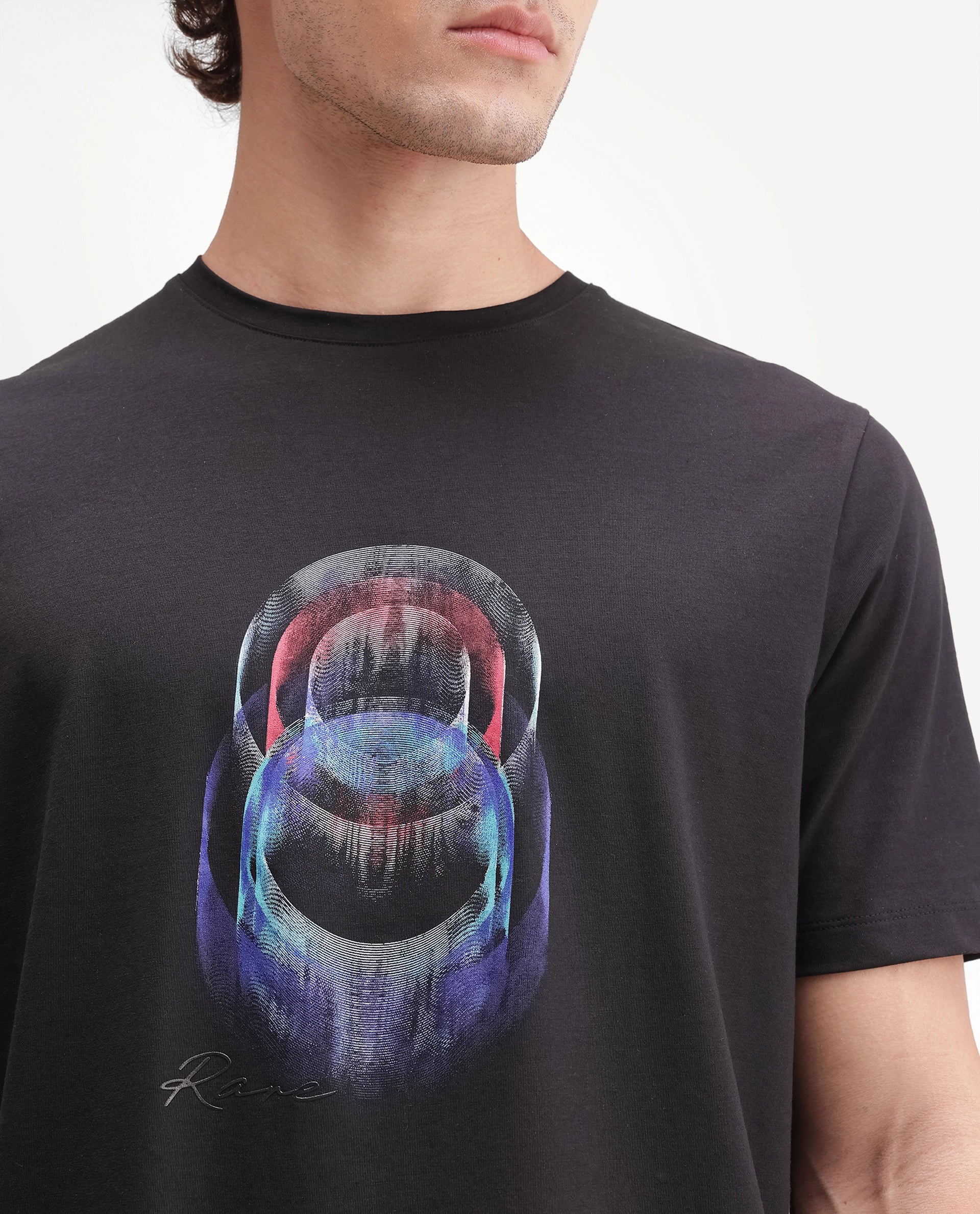 Rare Rabbit Men's Troy Black Cotton Blend Crew Neck Regular Abstract Print T-Shirt