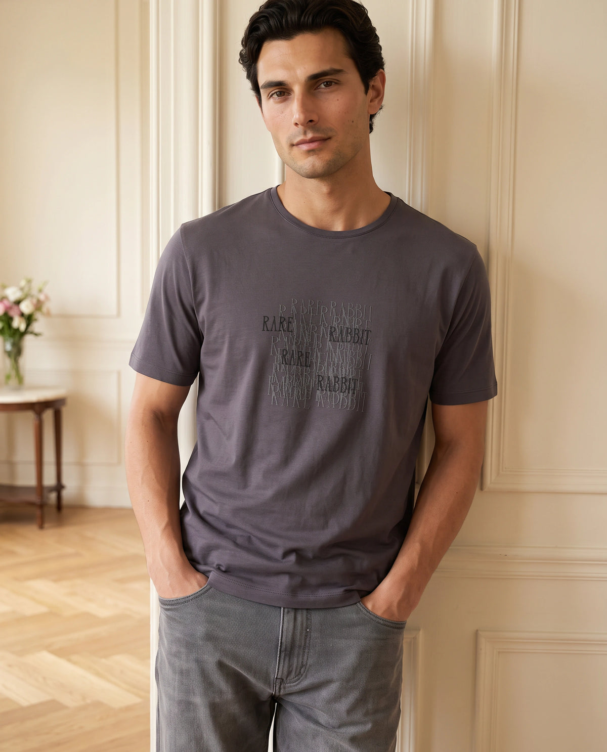 Rare Rabbit Men's Zeke Dusky Purple Cotton Blend Crew Neck Regular Hd Print T-Shirt