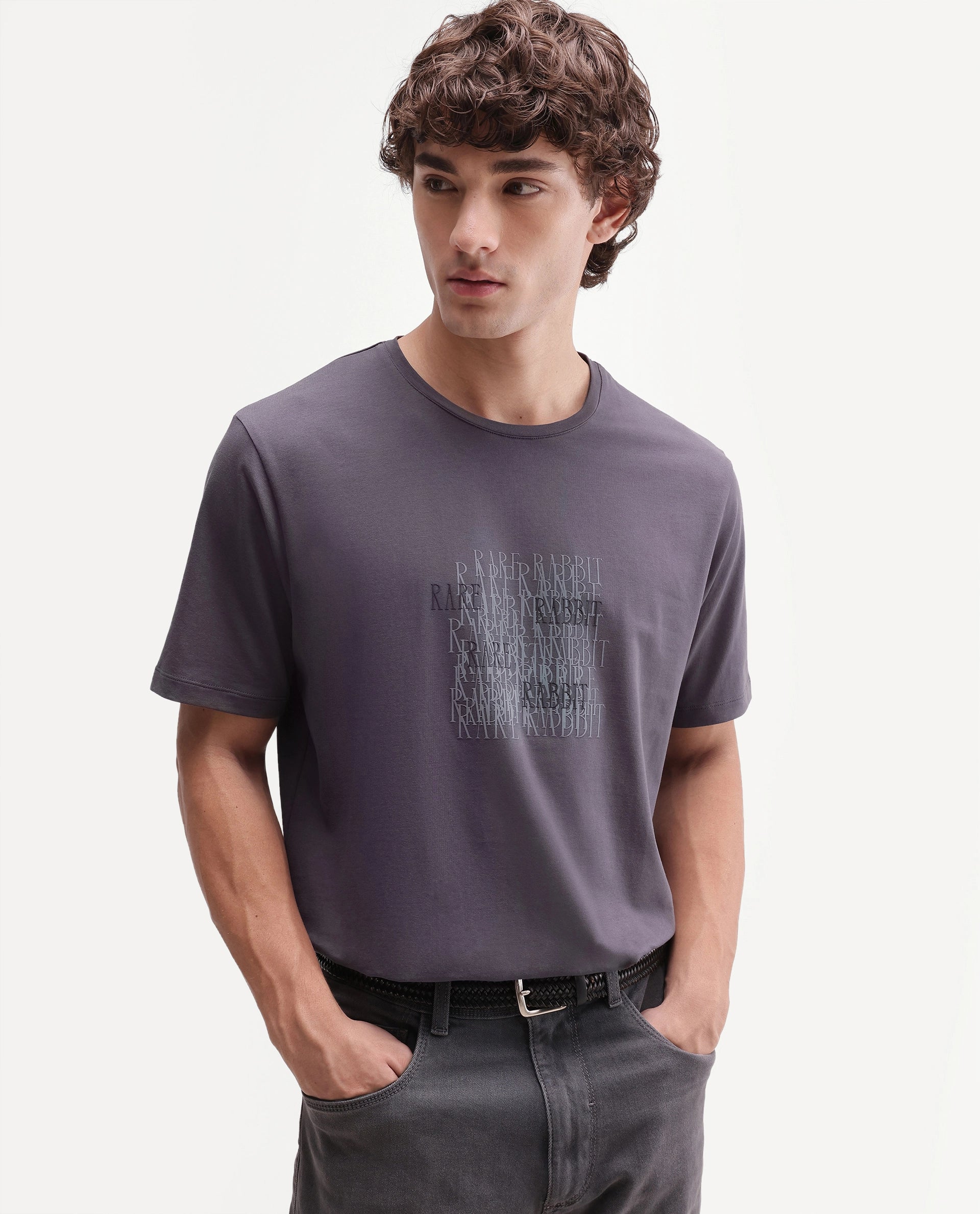 Rare Rabbit Men's Zeke Dusky Purple Cotton Blend Crew Neck Regular Hd Print T-Shirt