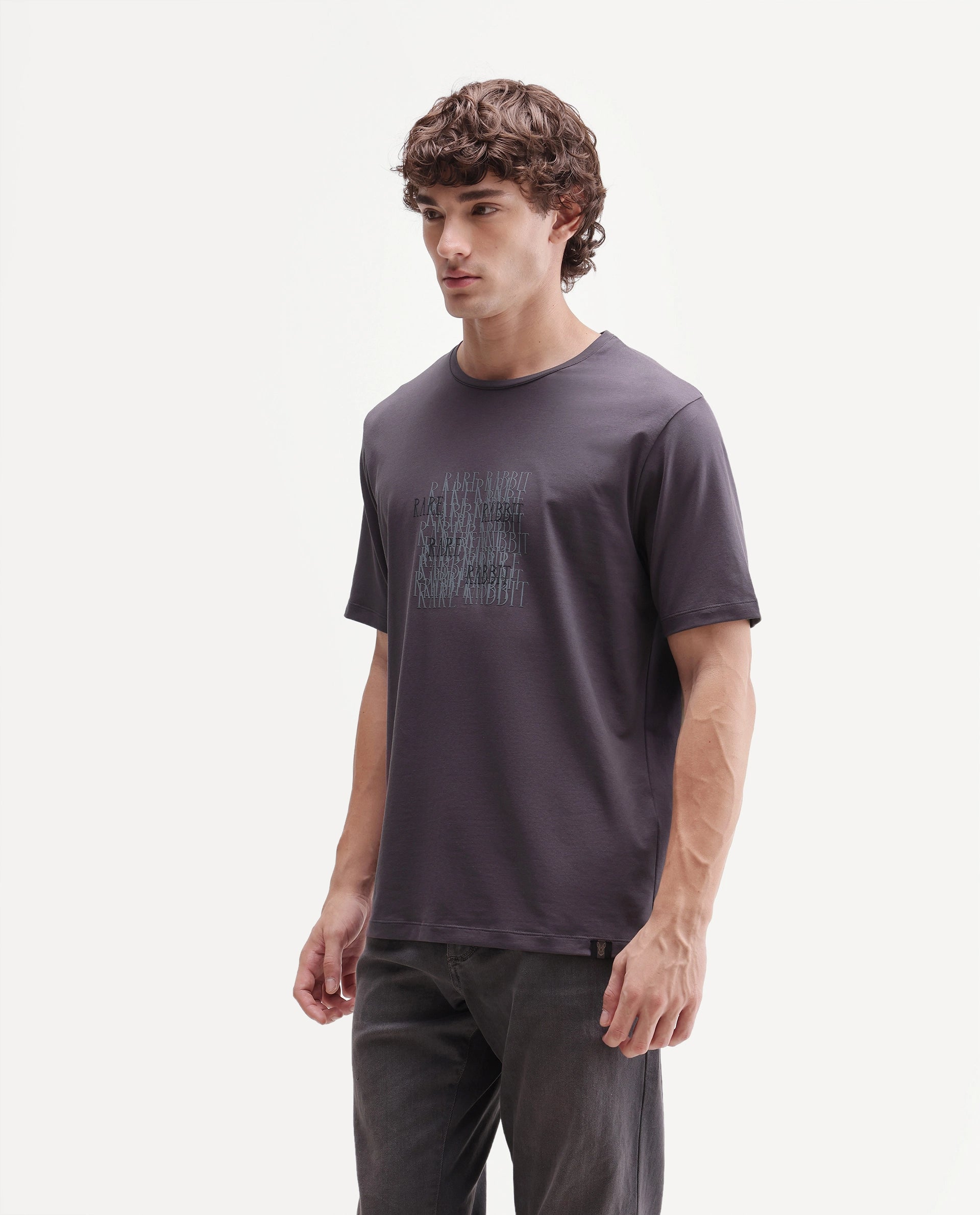 Rare Rabbit Men's Zeke Dusky Purple Cotton Blend Crew Neck Regular Hd Print T-Shirt