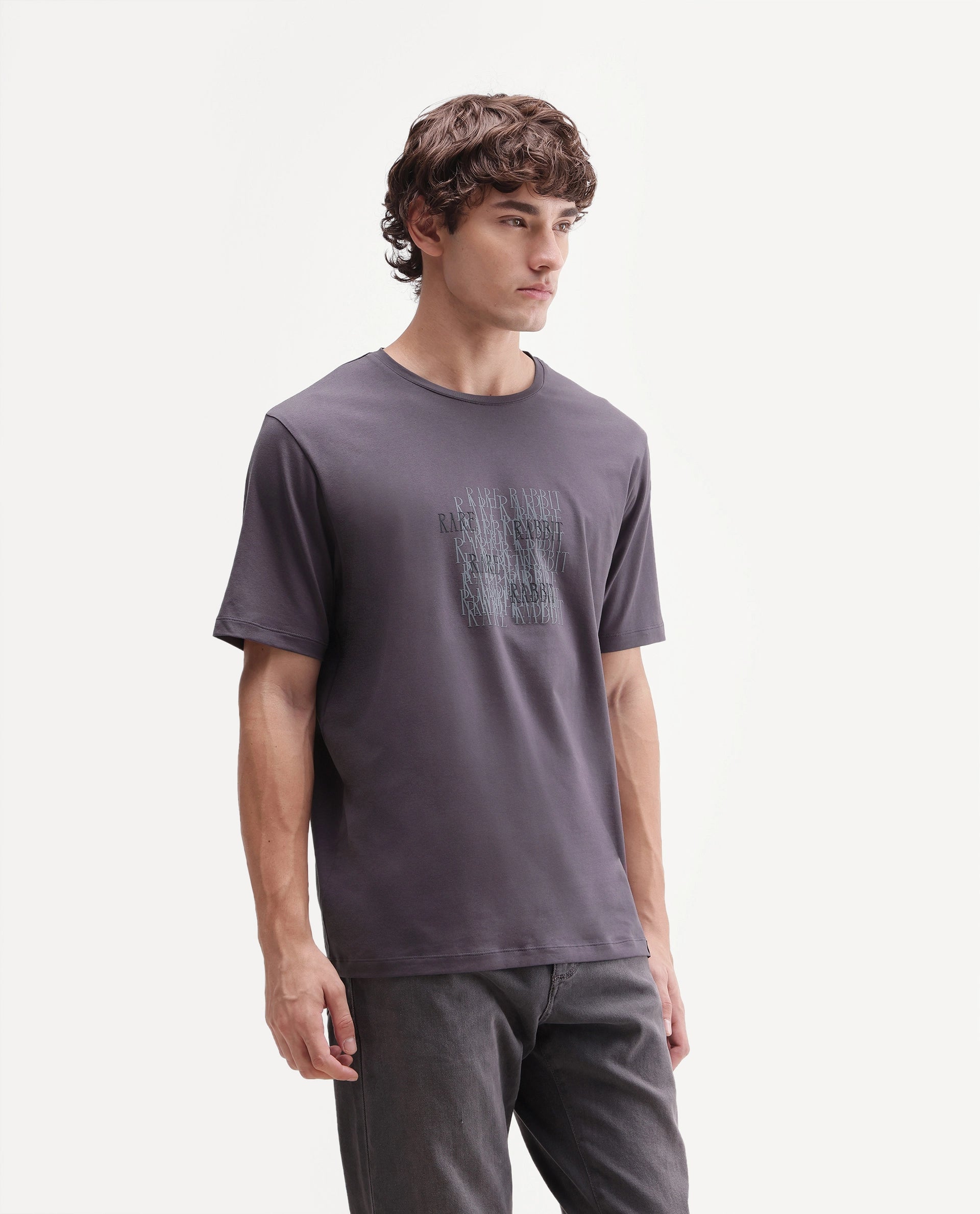 Rare Rabbit Men's Zeke Dusky Purple Cotton Blend Crew Neck Regular Hd Print T-Shirt