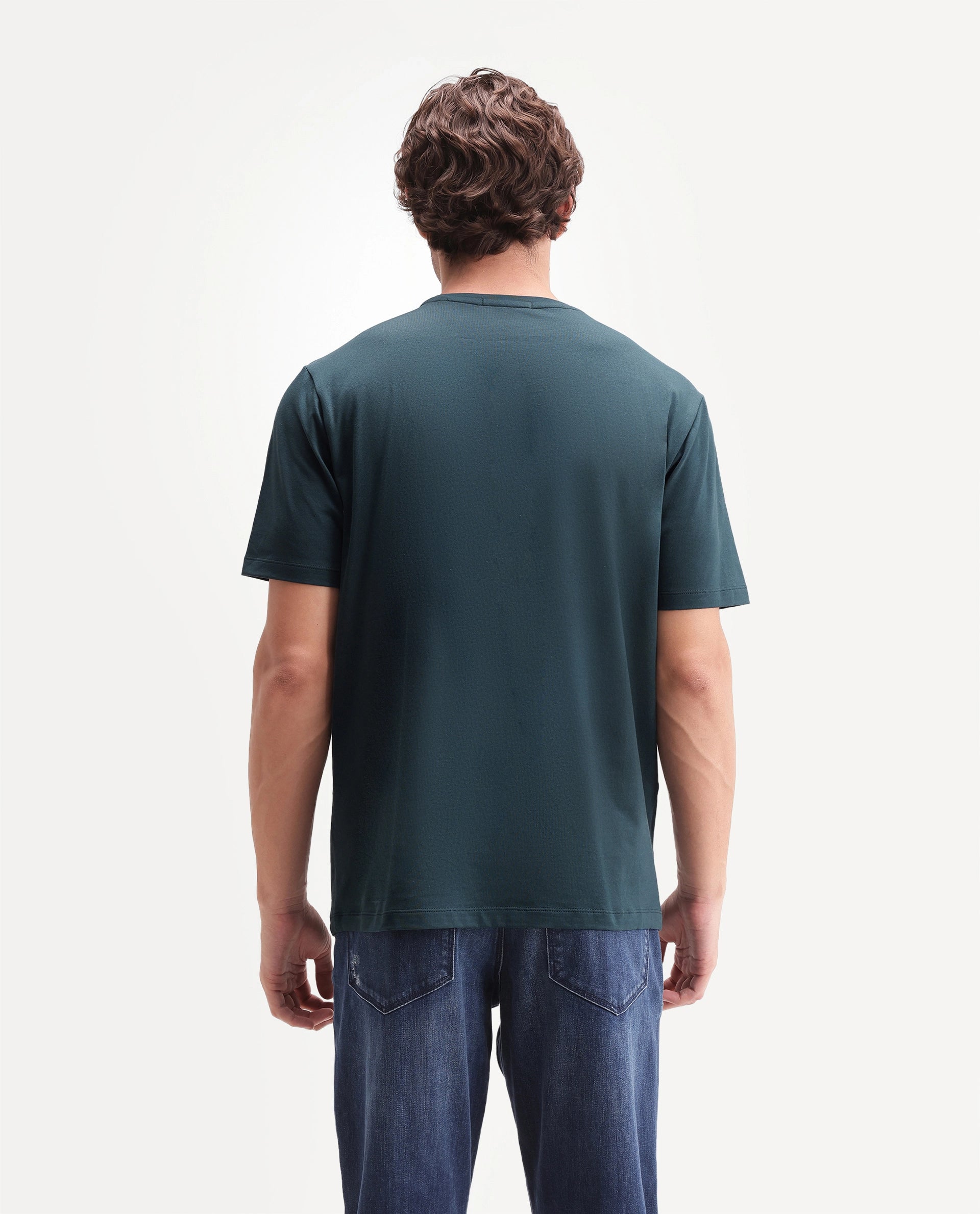Rare Rabbit Men's Zeke Primary Teal Cotton Blend Crew Neck Regular Hd Print T-Shirt