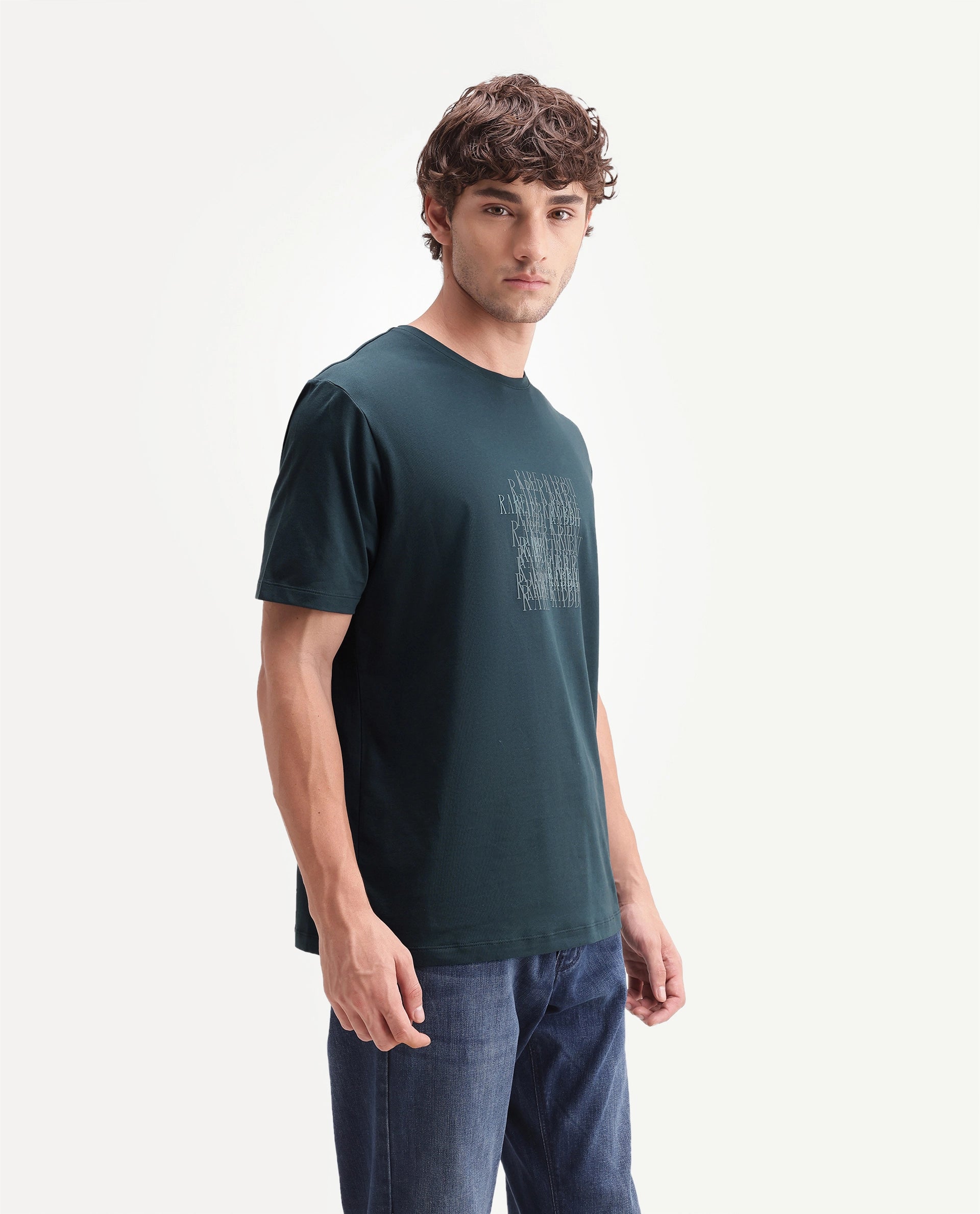 Rare Rabbit Men's Zeke Primary Teal Cotton Blend Crew Neck Regular Hd Print T-Shirt