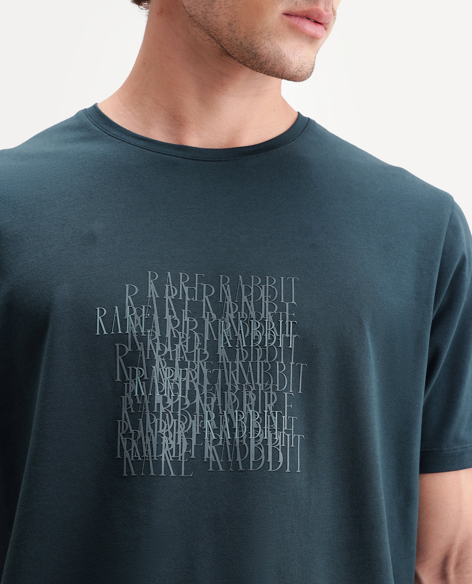 Rare Rabbit Men's Zeke Primary Teal Cotton Blend Crew Neck Regular Hd Print T-Shirt