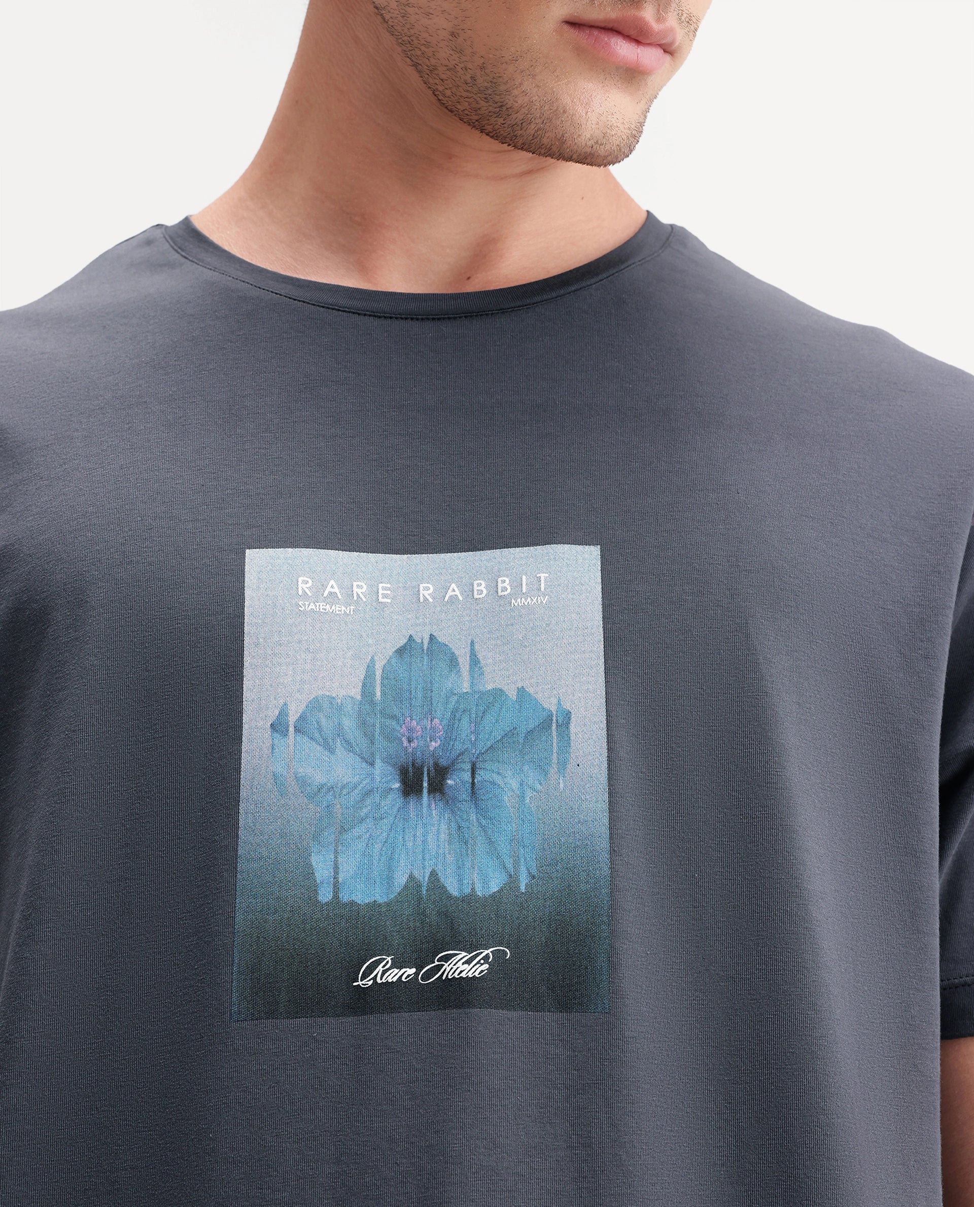 Rare Rabbit Men's Owen Dark Grey Cotton Blend Crew Neck Regular Graphic Print T-Shirt