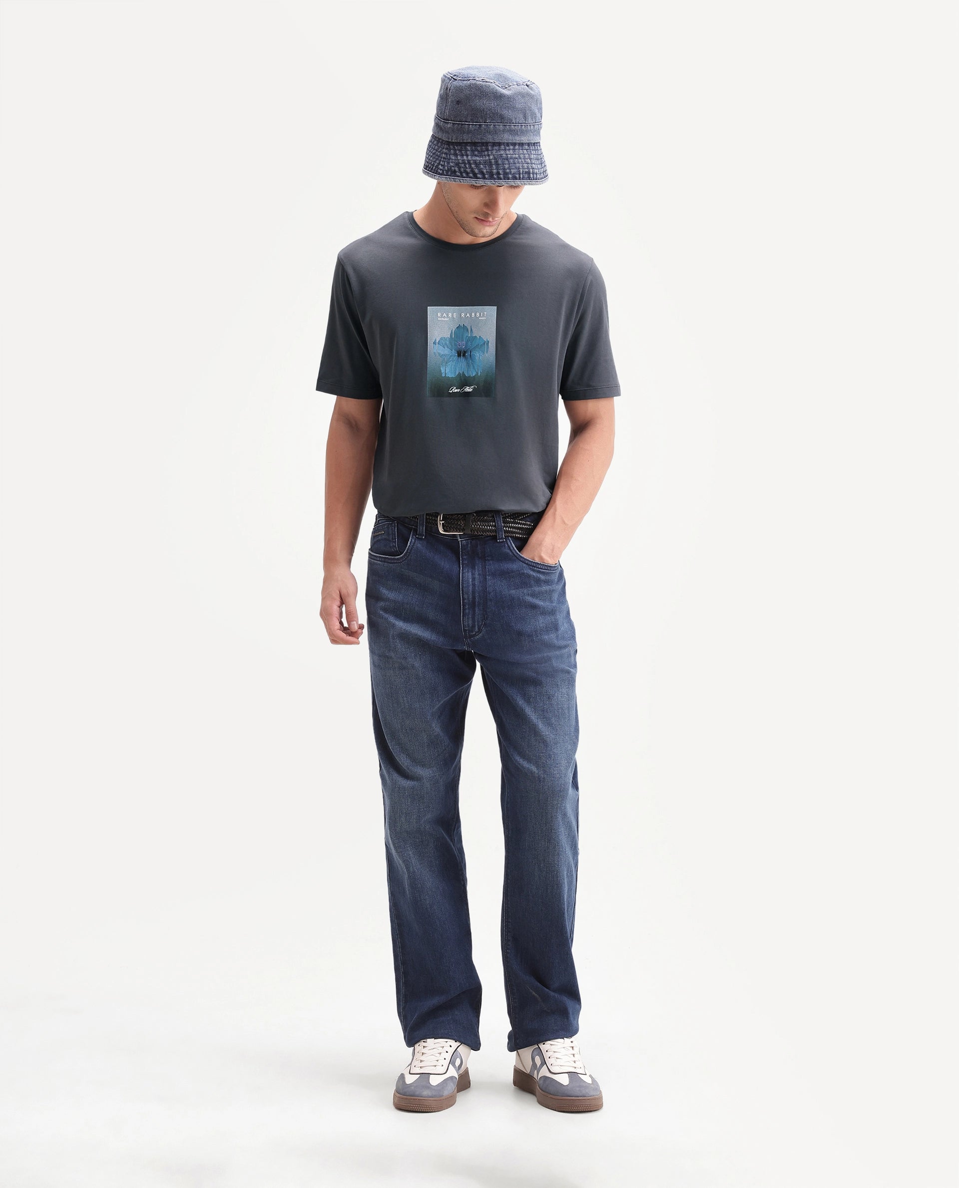 Rare Rabbit Men's Owen Dark Grey Cotton Blend Crew Neck Regular Graphic Print T-Shirt