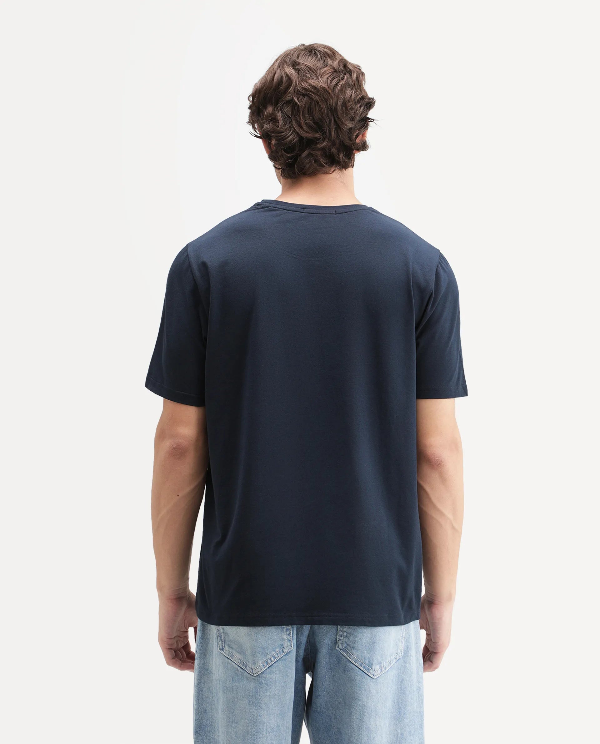 Rare Rabbit Men's Callum Navy Cotton Blend Crew Neck Regular Graphic Print T-Shirt