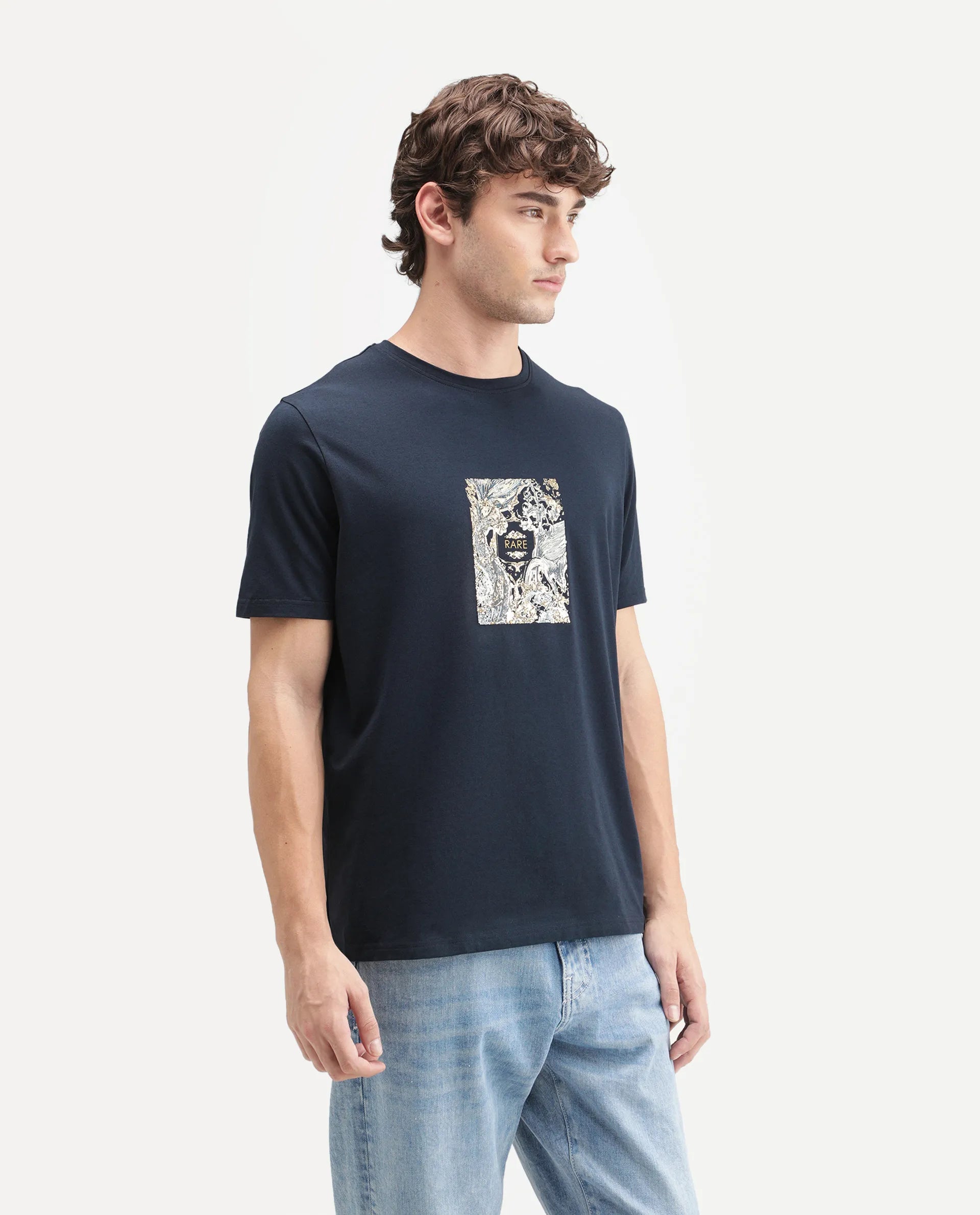 Rare Rabbit Men's Callum Navy Cotton Blend Crew Neck Regular Graphic Print T-Shirt