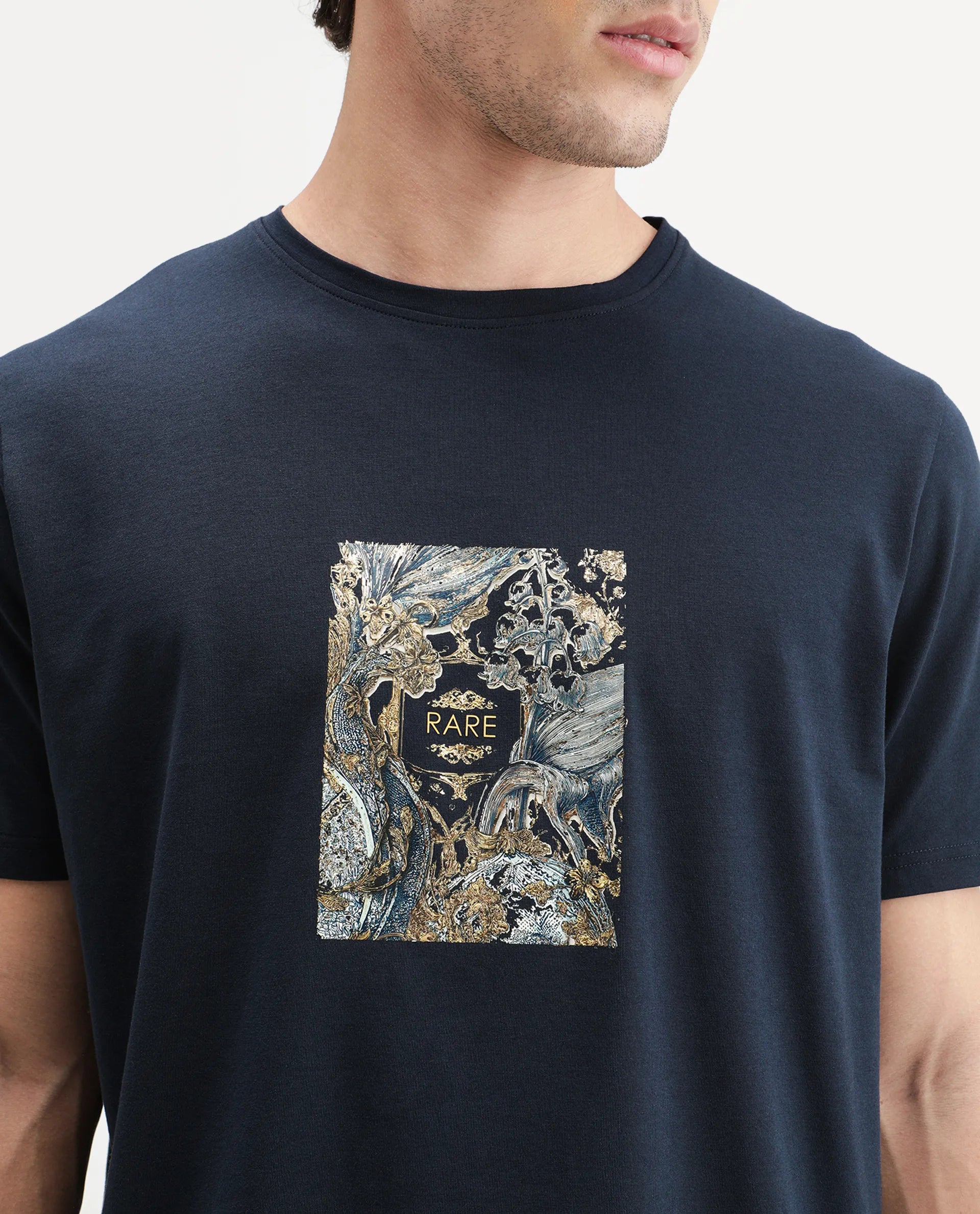 Rare Rabbit Men's Callum Navy Cotton Blend Crew Neck Regular Graphic Print T-Shirt