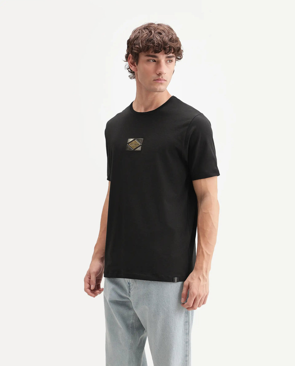 Rare Rabbit Men's Deco Black Cotton Blend Crew Neck Regular Graphic Print T-Shirt