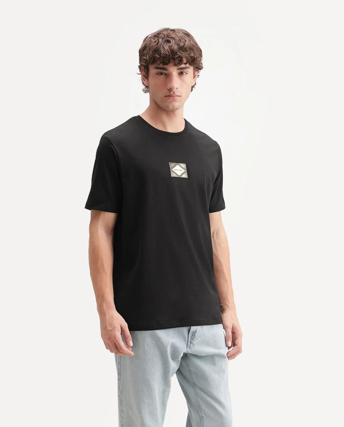 Rare Rabbit Men's Deco Black Cotton Blend Crew Neck Regular Graphic Print T-Shirt
