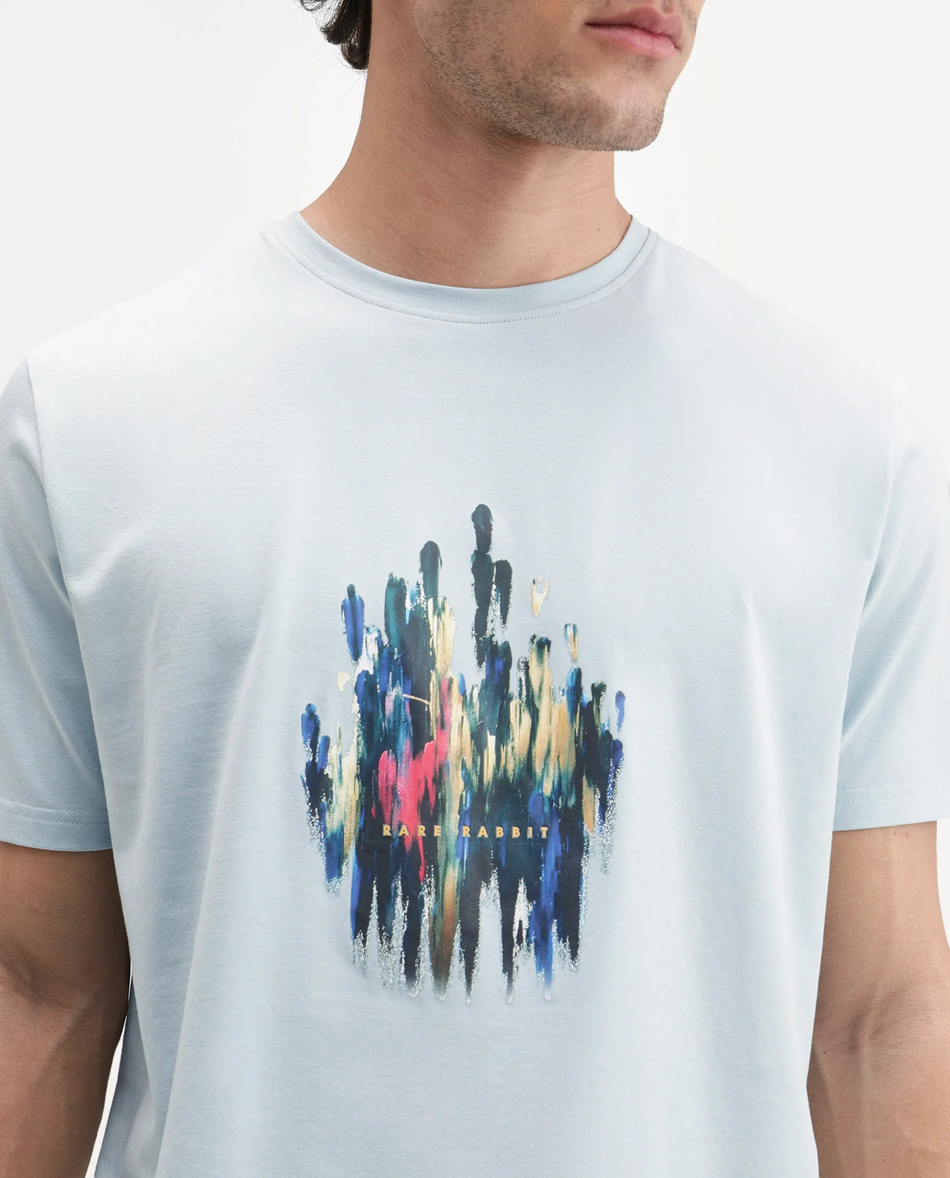 Rare Rabbit Men's Knight Light Blue Cotton Blend Crew Neck Regular Graphic Print T-Shirt