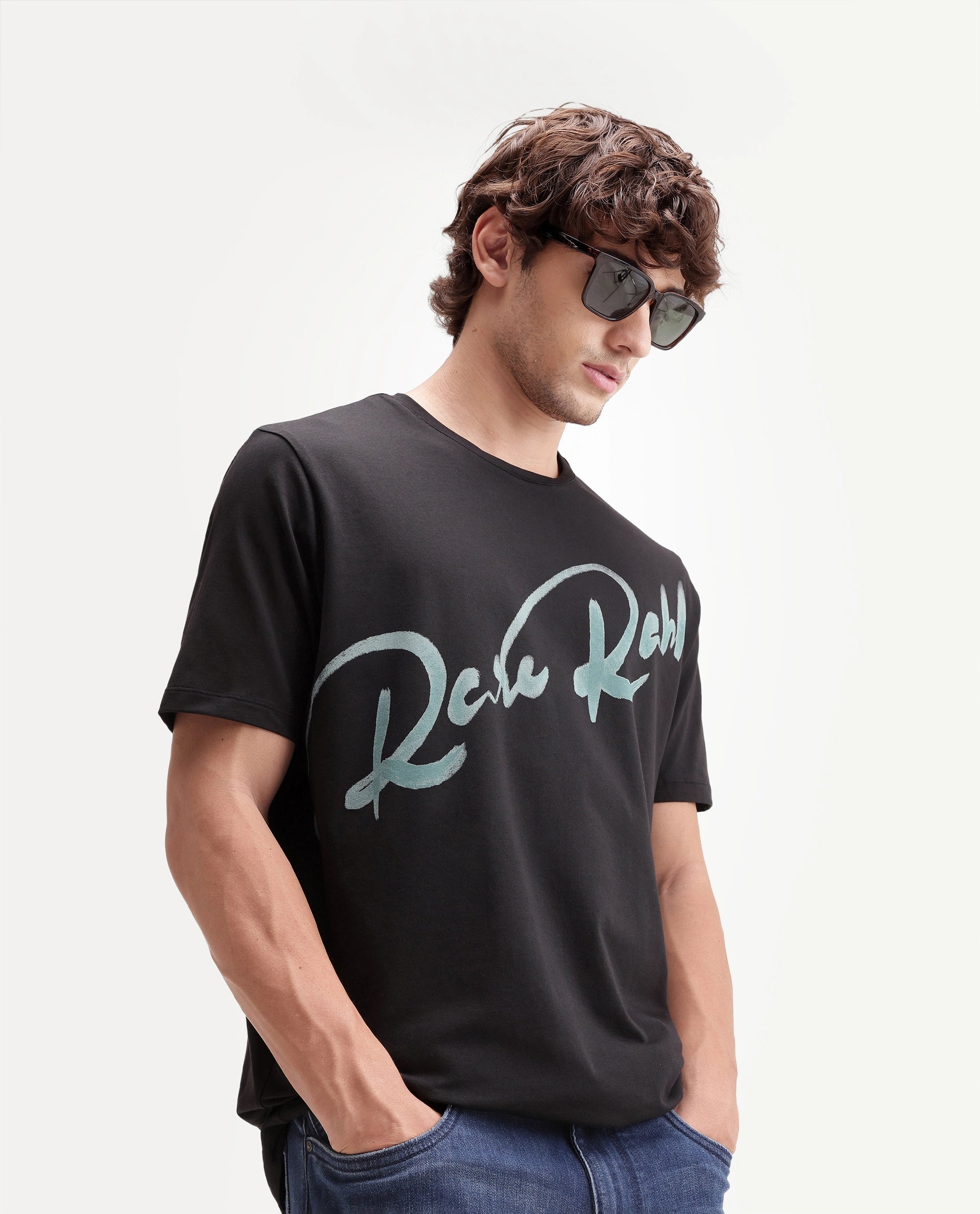 Rare Rabbit Men's Stevol Black Cotton Blend Crew Neck Regular Graphic Print T-Shirt
