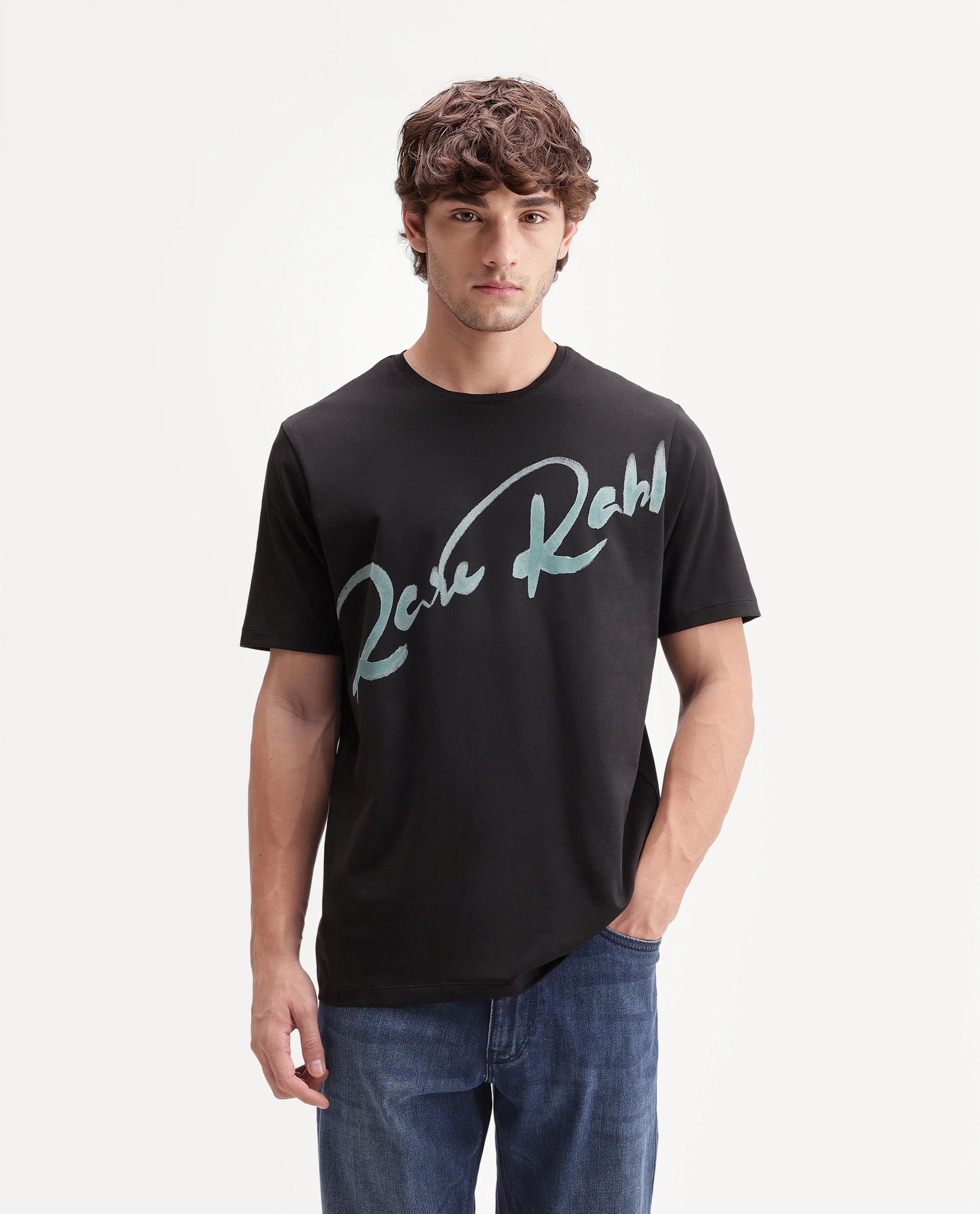 Rare Rabbit Men's Stevol Black Cotton Blend Crew Neck Regular Graphic Print T-Shirt