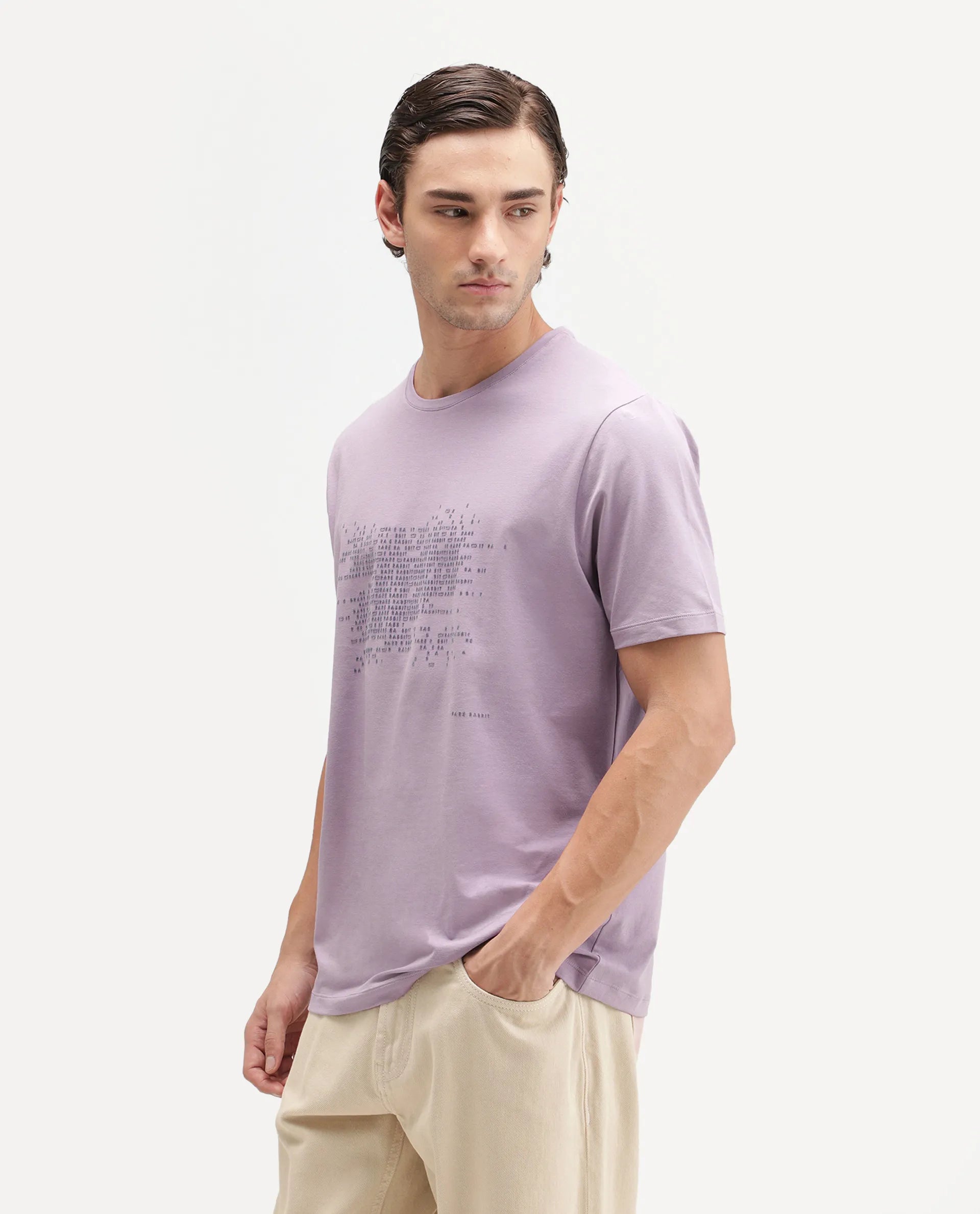 Rare Rabbit Men's Nero Light Purple Cotton Blend Crew Neck Regular Graphic Print T-Shirt
