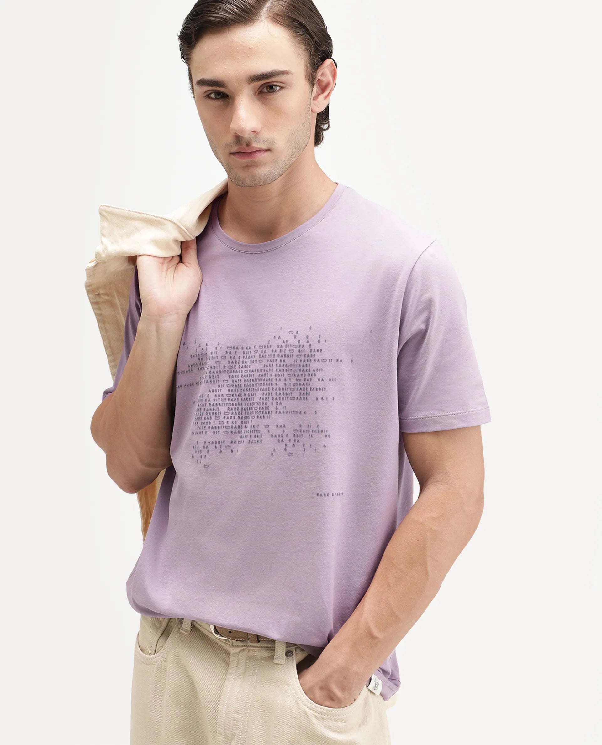 Rare Rabbit Men's Nero Light Purple Cotton Blend Crew Neck Regular Graphic Print T-Shirt