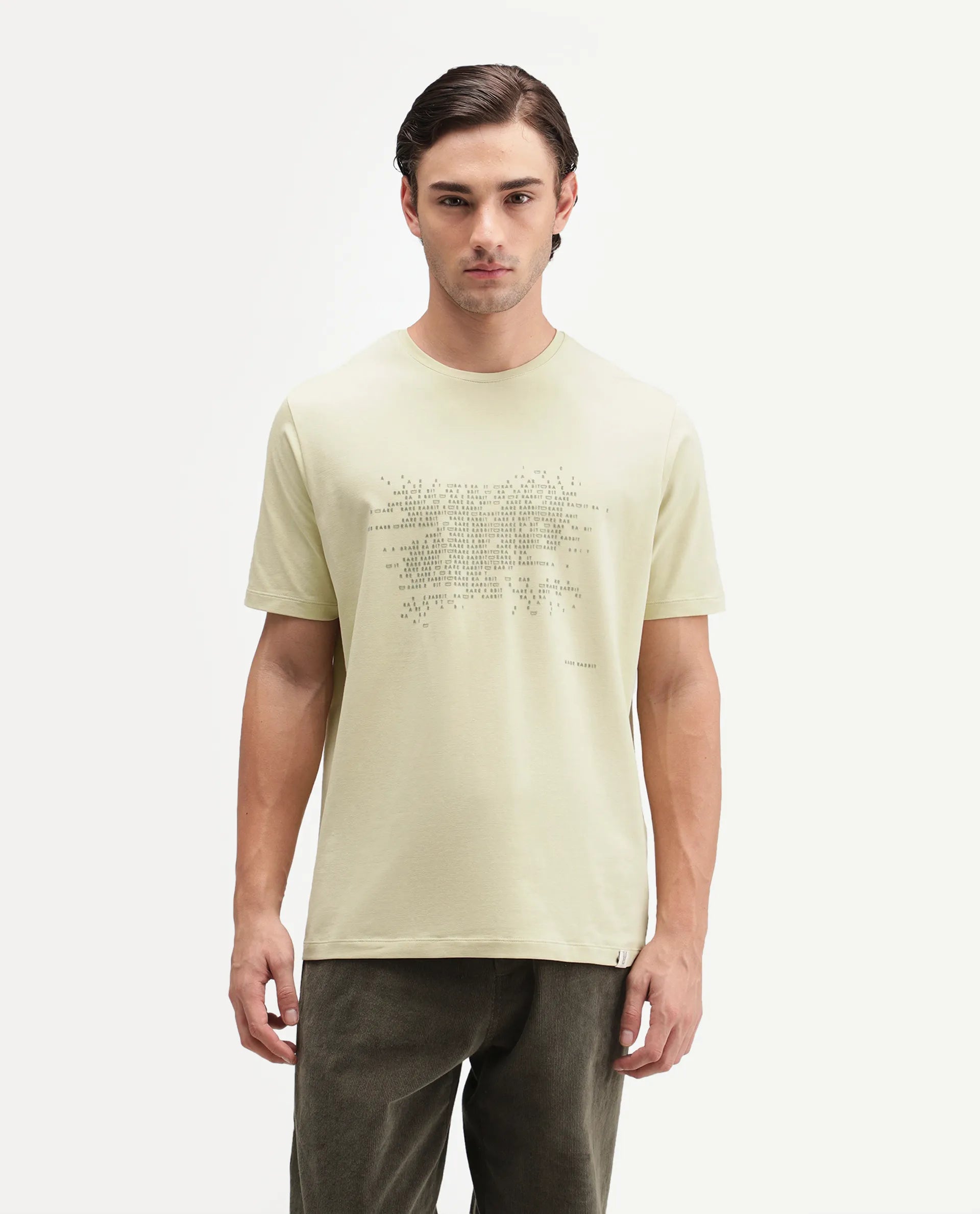 Rare Rabbit Men's Nero Light Green Cotton Blend Crew Neck Regular Graphic Print T-Shirt