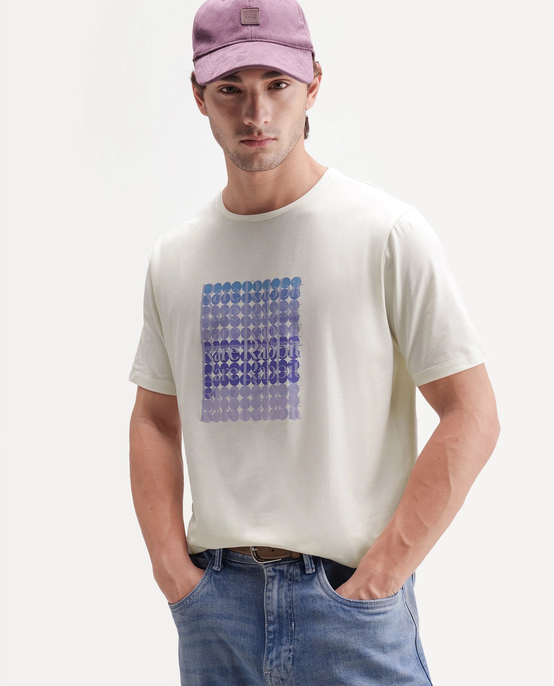 Rare Rabbit Men's Henman Primary Off White Cotton Blend Crew Neck Regular Graphic Print T-Shirt