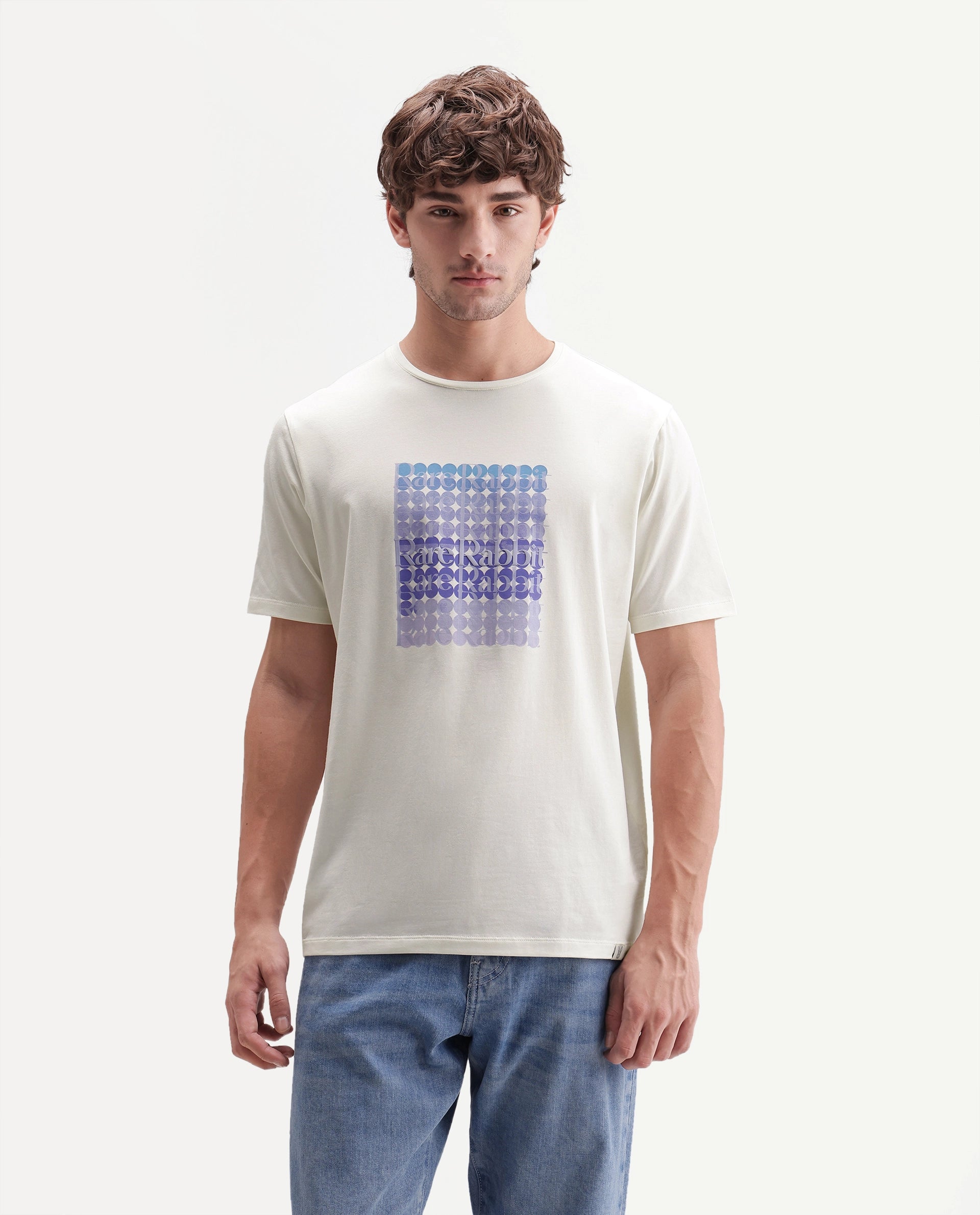 Rare Rabbit Men's Henman Primary Off White Cotton Blend Crew Neck Regular Graphic Print T-Shirt