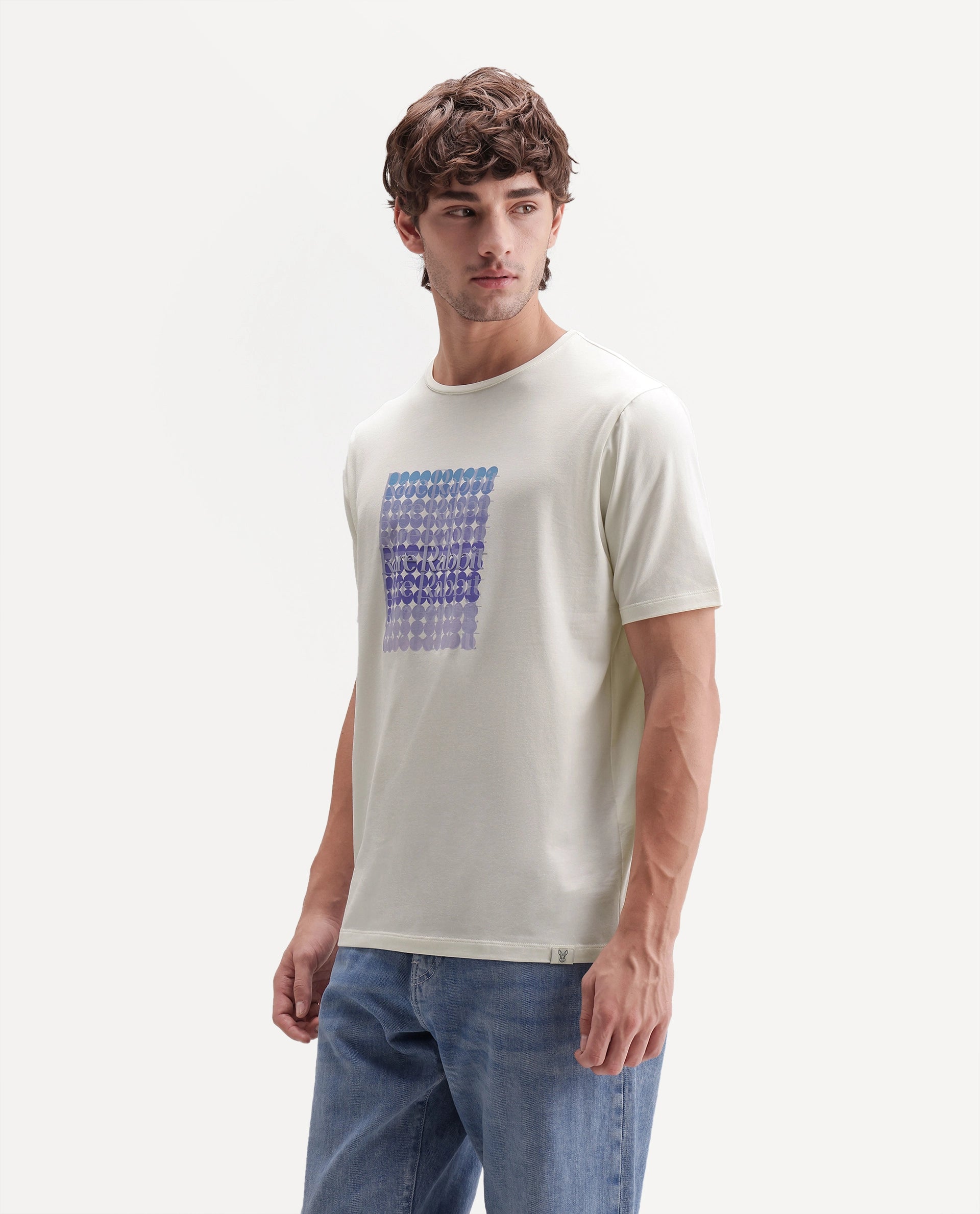 Rare Rabbit Men's Henman Primary Off White Cotton Blend Crew Neck Regular Graphic Print T-Shirt